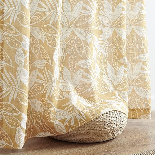 Miniatura 2 de jinchan Cortinas de lino para sala de estar, cortinas amarillas de 84 pulgadas de largo, con estampado de hojas, bolsillo para barra, pestañas