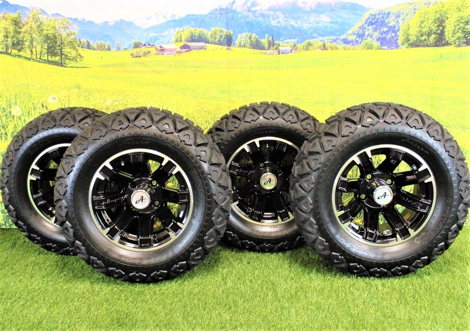 (Set of 4) 23x10.50-12 ATW-045 with 12x6 Black Aluminum Wheels for Golf/ATV/UTV