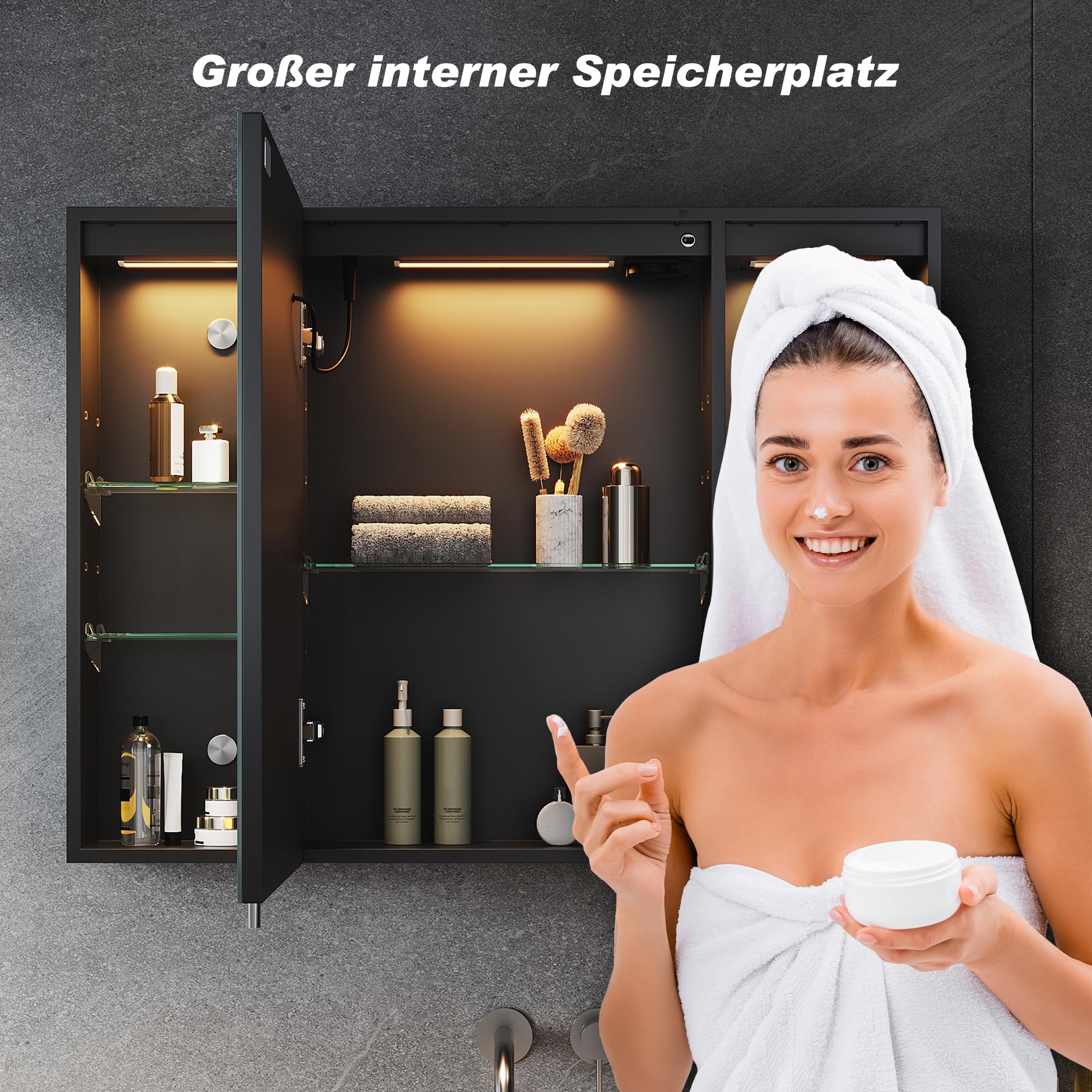 SONNI Spiegelschrank Bad mit Beleuchtung und Lagerung 80 * 60 cm, LED Spiegelschrank mit Steckdose, Dimmbar, 3 Einstellbare Lichtfarben Beschlagfrei Badezimmer Wandschrank, Medizinschrank Mattschwarz