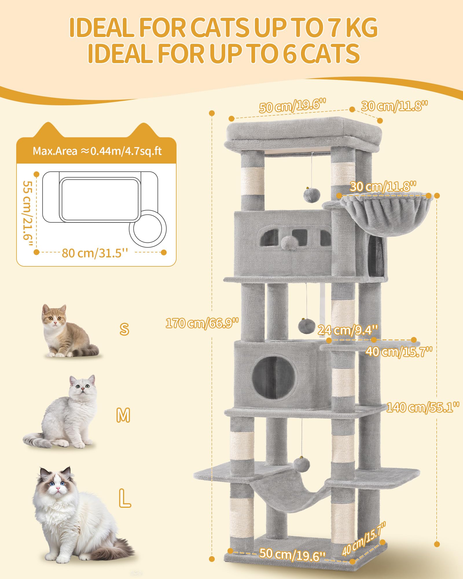 Hzuaneri 170 cm Grand Arbre à Chat, Tour à Chat pour Chats d'intérieur, avec Grand Perchoir, Tapis Lavable, 2 Niches Chats, 8 Griffoirs, Hamac, Pompons, Gris Clair MS17018LG