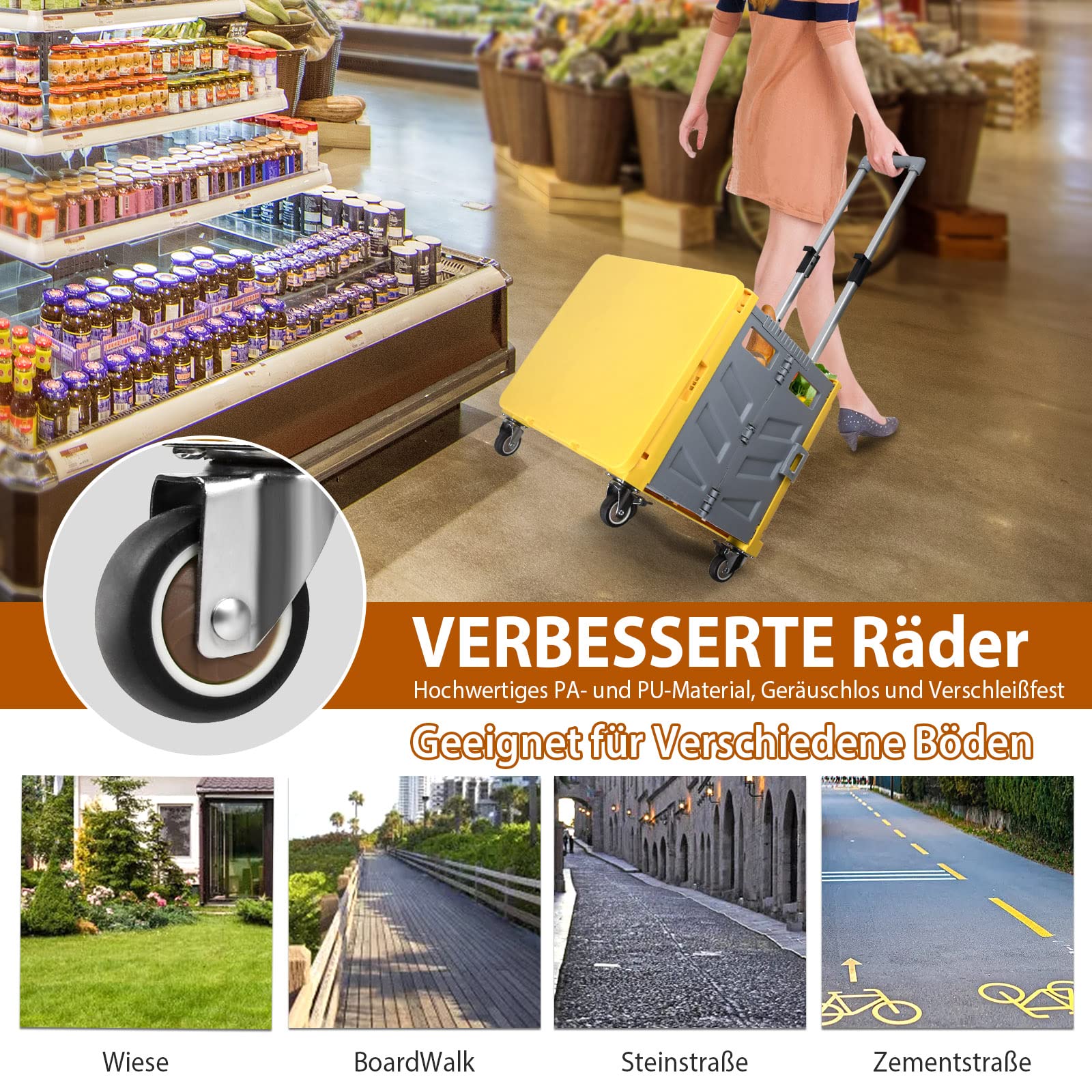 Einkaufstrolley Klappbar, Transport Trolley, bis 50 kg, 50 l Kiste, Einkaufskorb mit Deckel, Ausziehbarer Alu Ausziehgriff, 4 um 360° Drehbare Metallrad, 103 x 43 x 38 cm (Gelb Grau)