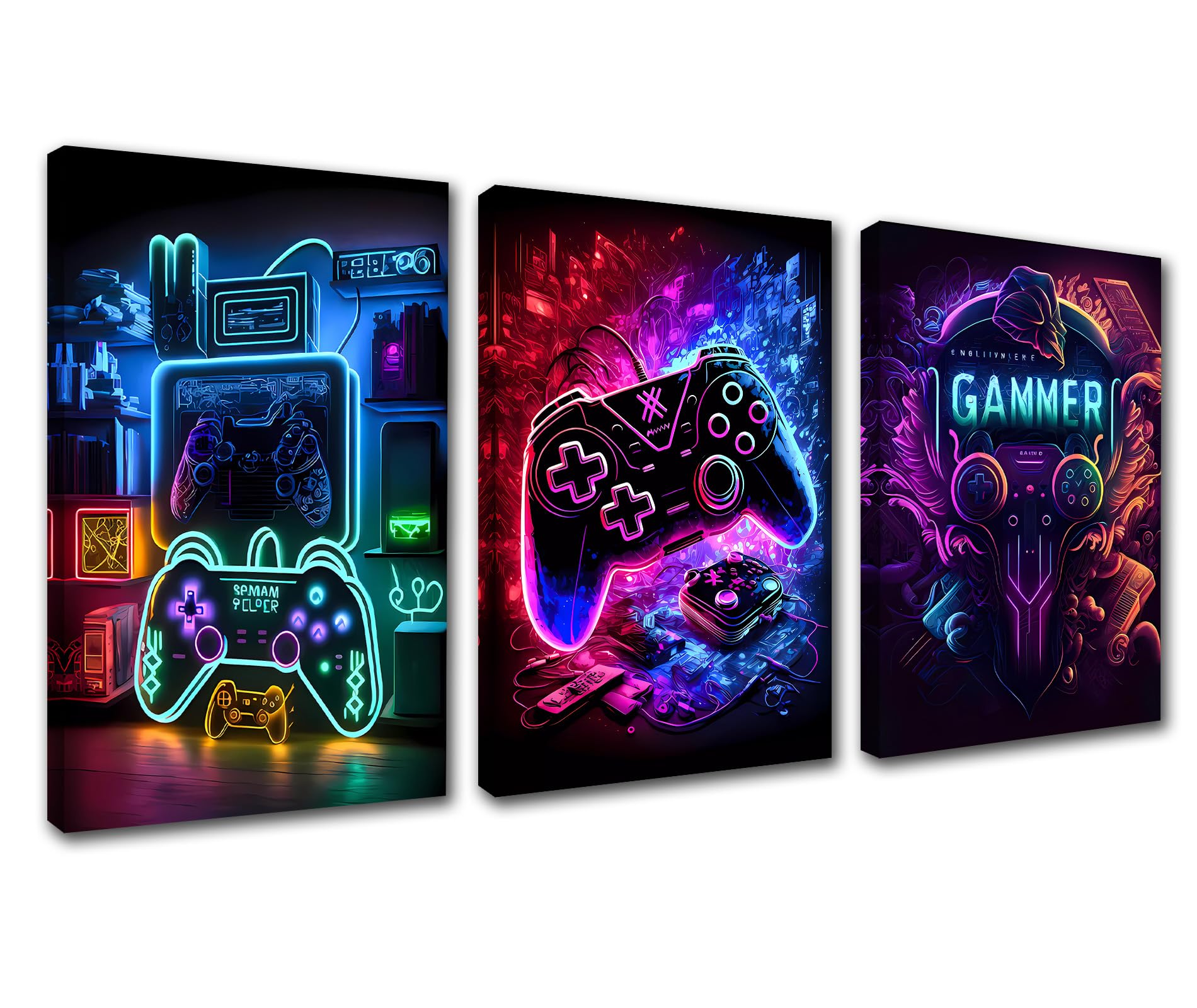 Neon Gamer Pictures Video Game Console Artwork in the Style of Dramatic Canvas Wall Art Colorful Painting Prints Poster for Boys Room Office Workplace Home Wall Decor Stretched Easy to Hang 42”Wx20”H