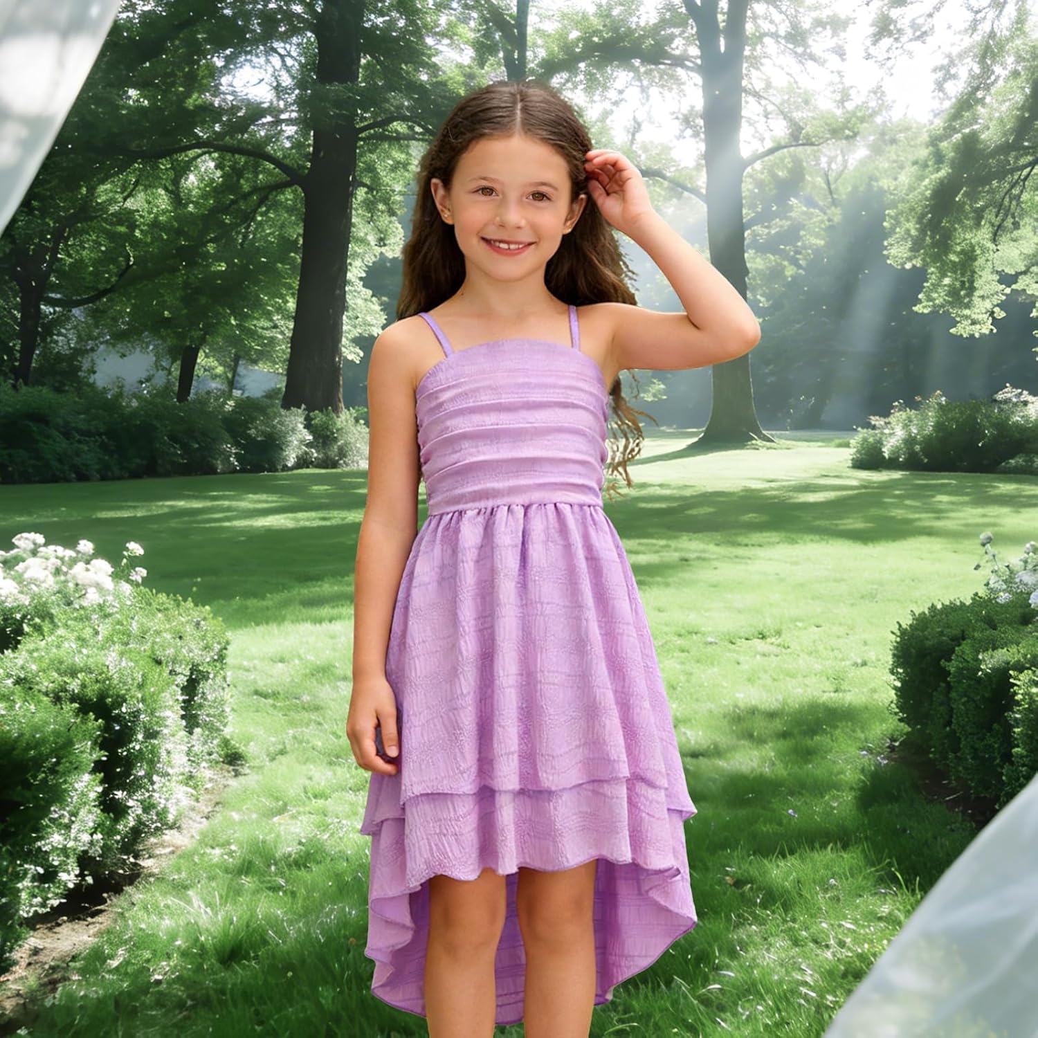 Girls Dresses Smocked Ruched Flowy Cami Dress High Low Layered Semi Formal Summer Dress 6-12Y - Image 8
