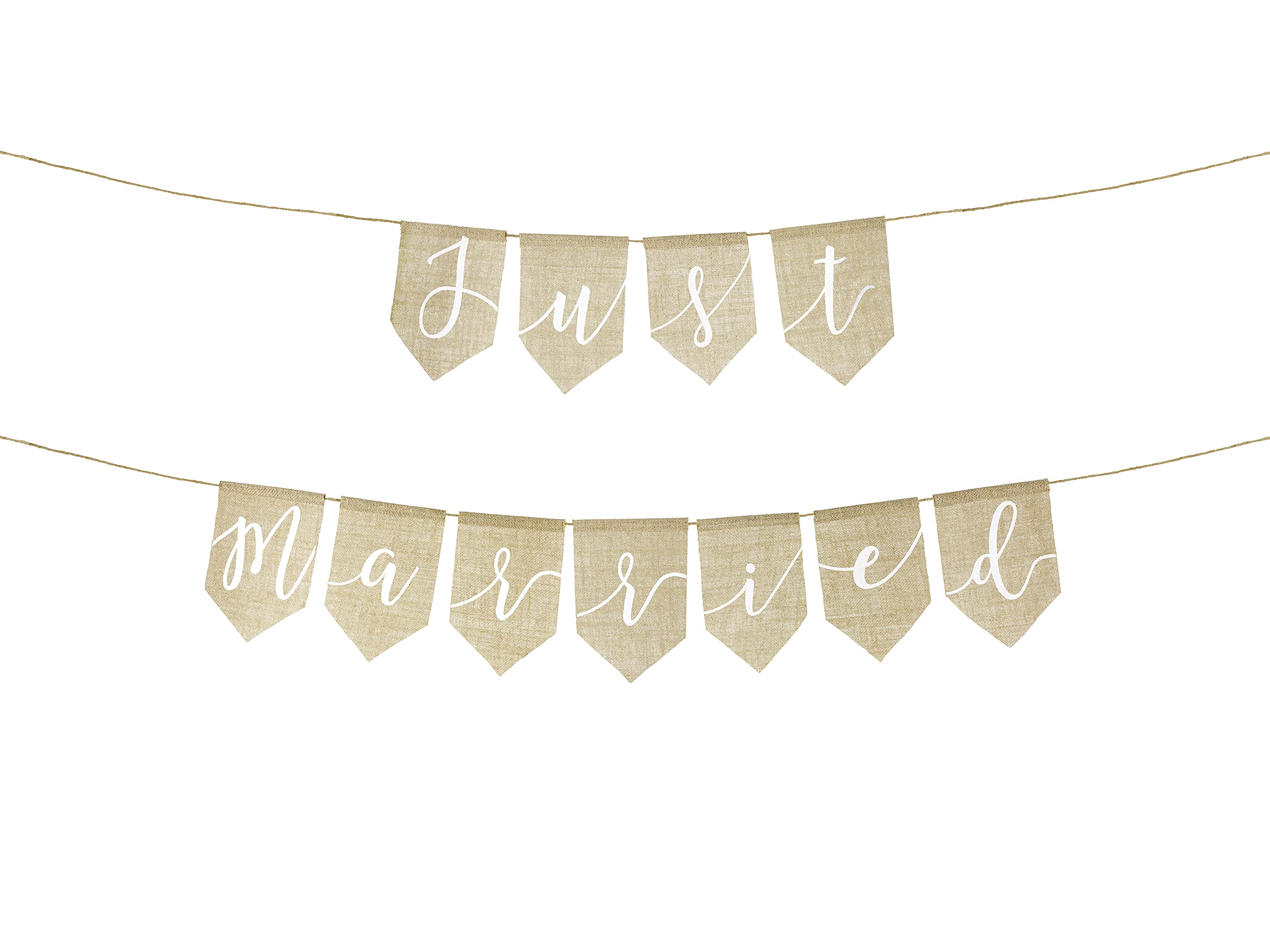 Natural Jute Banner, Garland Just Married, Rustic Wedding Backdrop Wall Decoration, 23x185cm, brown, white