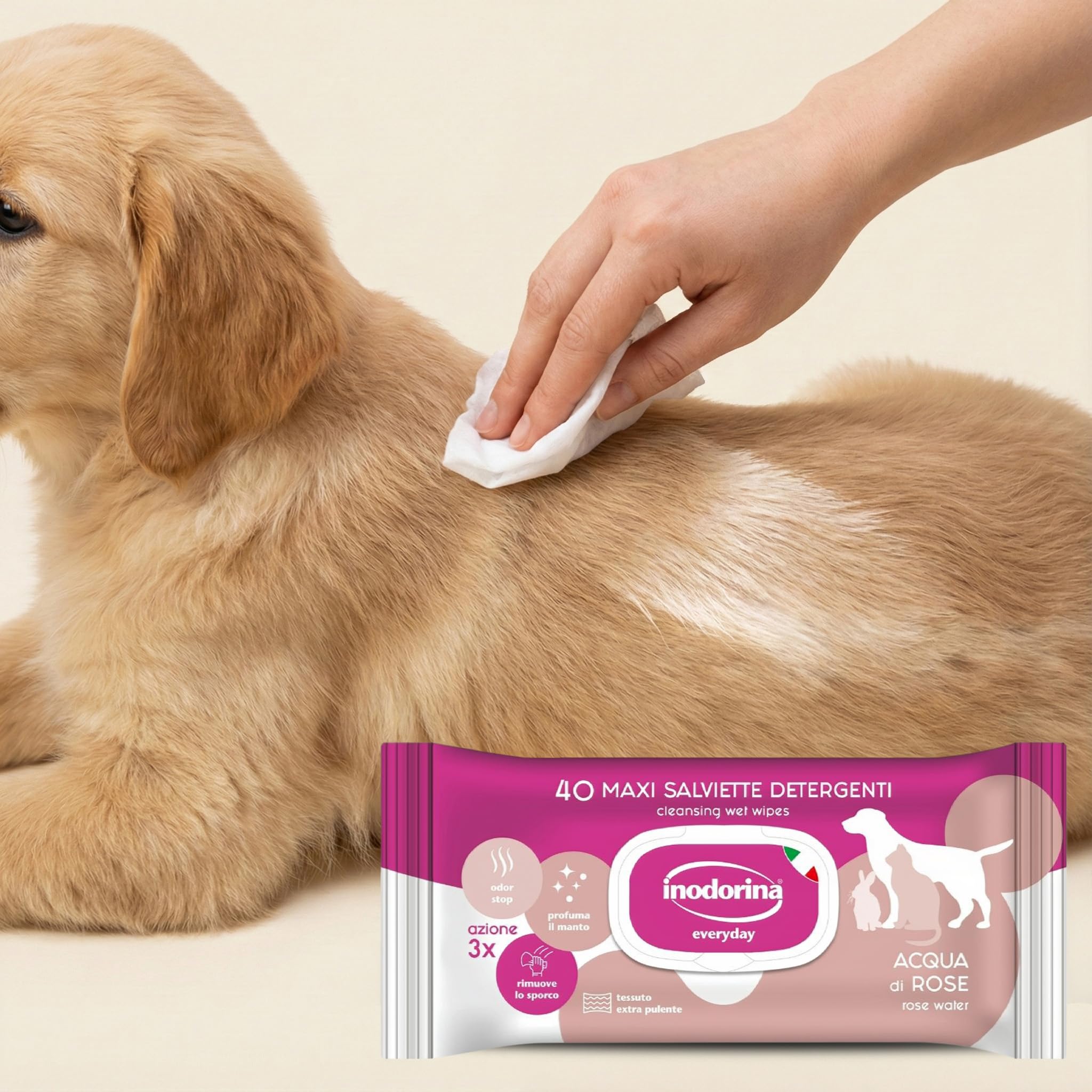 Inodorina Salviette per Cani, Gatti e Cuccioli Everyday (12 Confezioni da 40 Pezzi, Acqua di Rose) – Salviettine per Animali in Tessuto Resistente con Odor Stop – Azione idratante ed emolliente