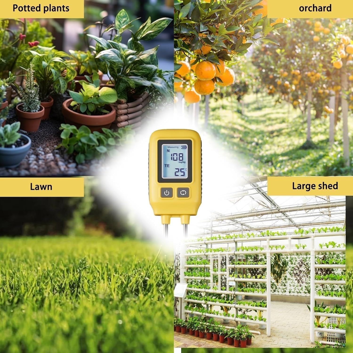 Probador de suelo Npk 4 en 1, medidor digital LCD de suelo, nitrógeno, fósforo, potasio, medición de temperatura, ideal para jardín, césped, granja, uso interior y exterior