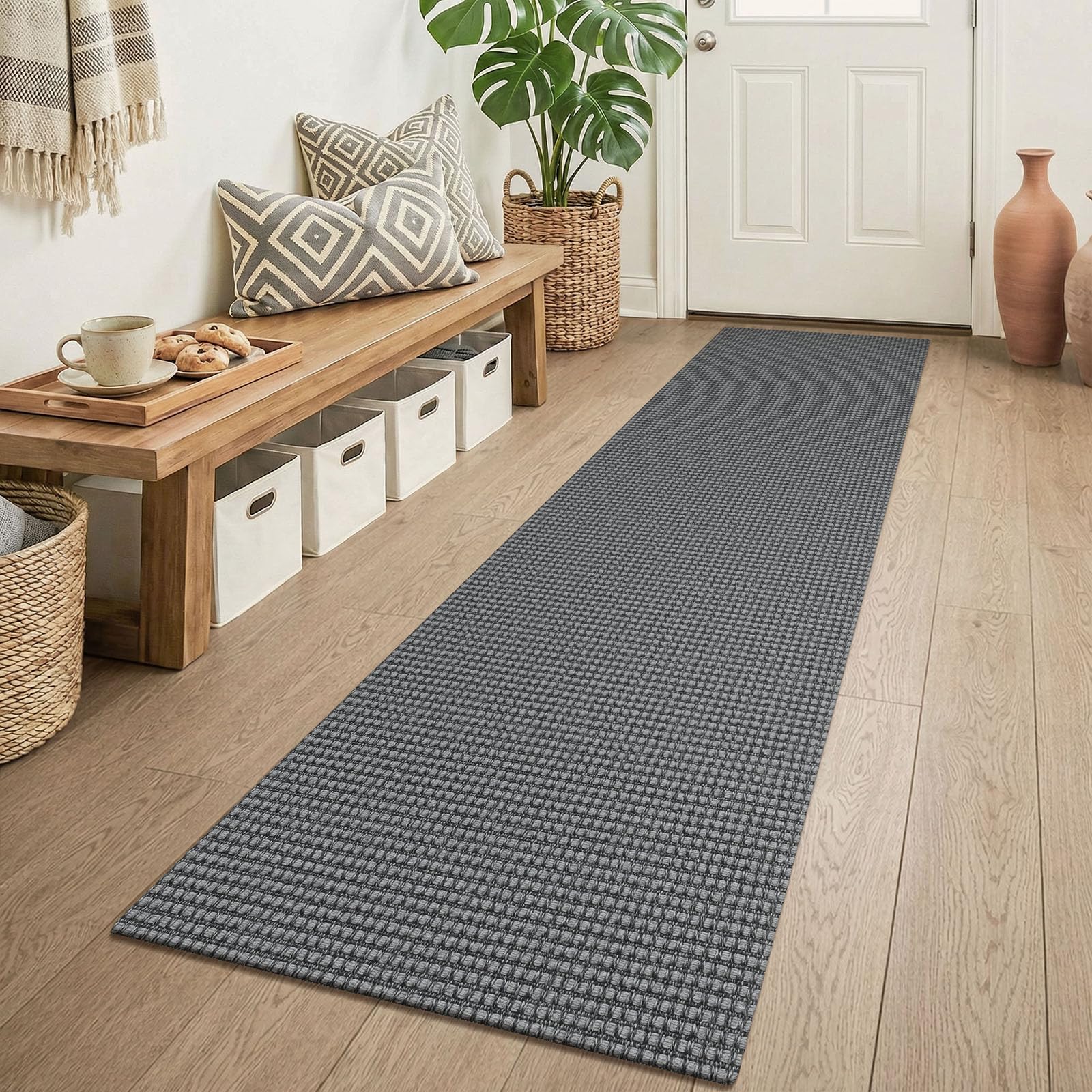 KOZYFLY Runners for Hallways 2x6 ft Washable Kitchen Runner Non Slip Rubber Backed Hall Runners Cotton Entryway Runner Rugs Floor Carpet for Indoor Backdoor Bedroom Kitchen, Grey/Dark Grey — image 1