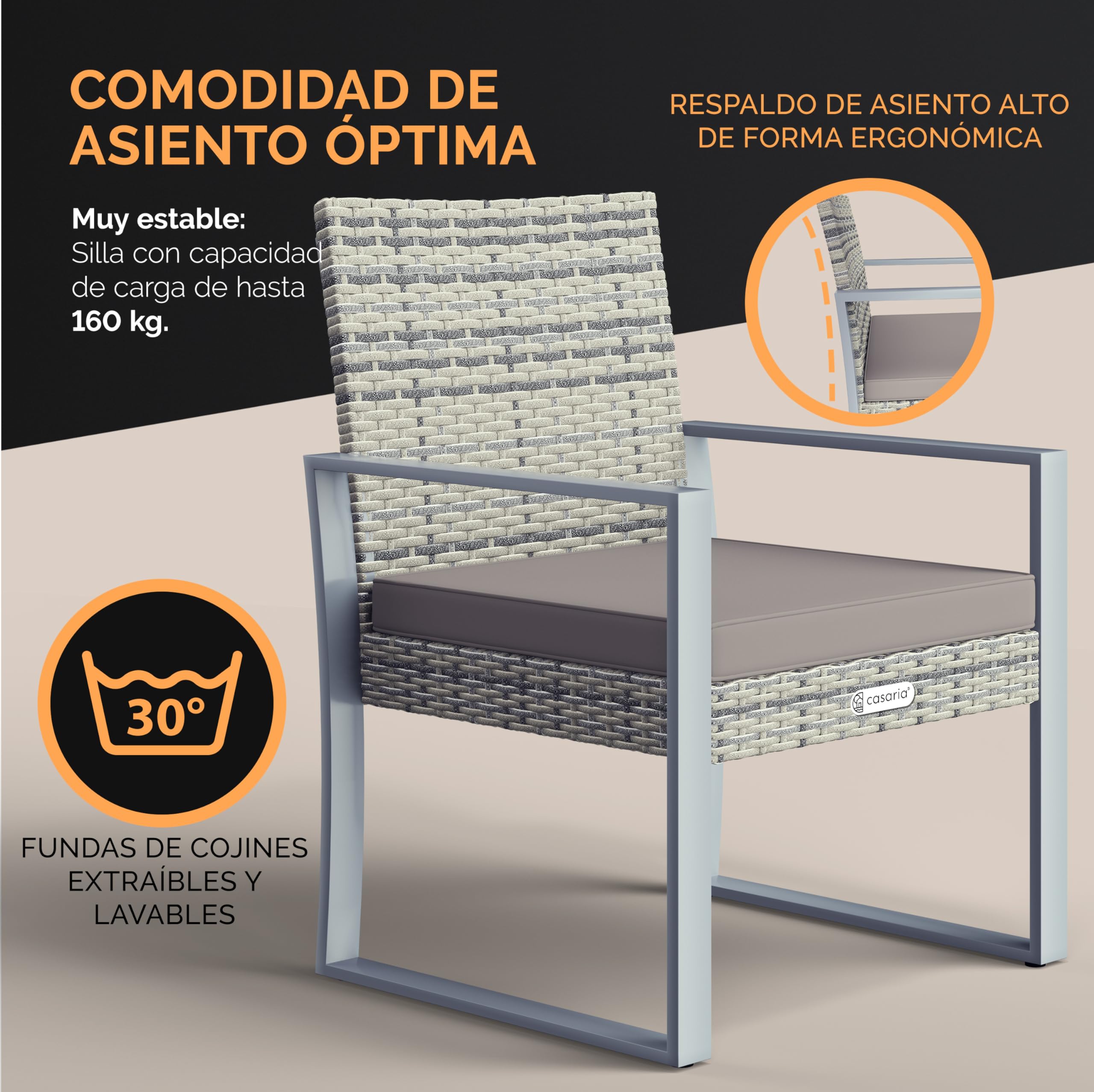 CASARIA® Conjunto Jardín Exterior para 2 Personas Set Mesa Sillas Poliratán Tablero WPC Mobiliario 3 Piezas Bistró Muebles Resistente a la Intemperie Balcón Patio Terraza Incl. Cojines Lavables Gris