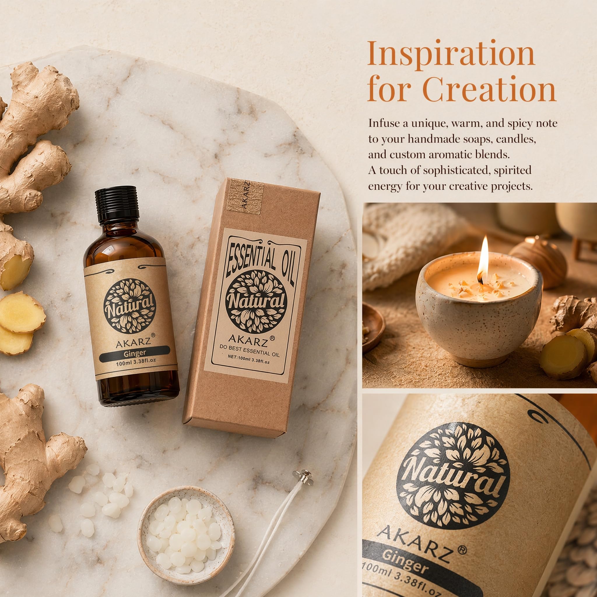 AKARZ 100ml Olejek esencjny z Imbiru - Naturalny olejek aromatyczny do dyfuzorów, lamp aromatycznych i aromatów pomieszczeń