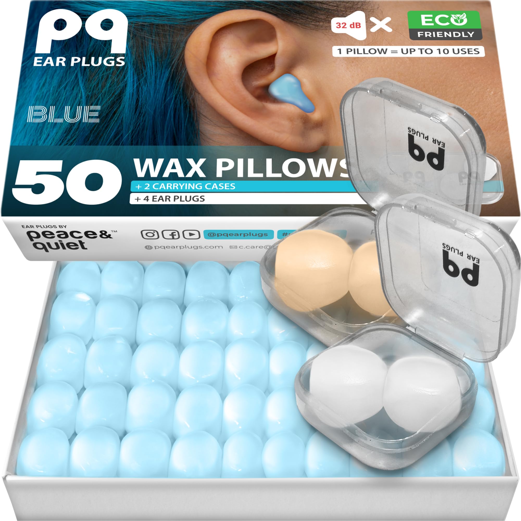 PQ Wax Ear Plugs for Sleeping, Swimming - 50 Noise Cancelling Silicone Gel Wax Earplugs, Ear Protection for Sleep and Swim, Soft Wax Pillows with Sound Blocking Level 32Db, (50 Pillows), Color: Blue