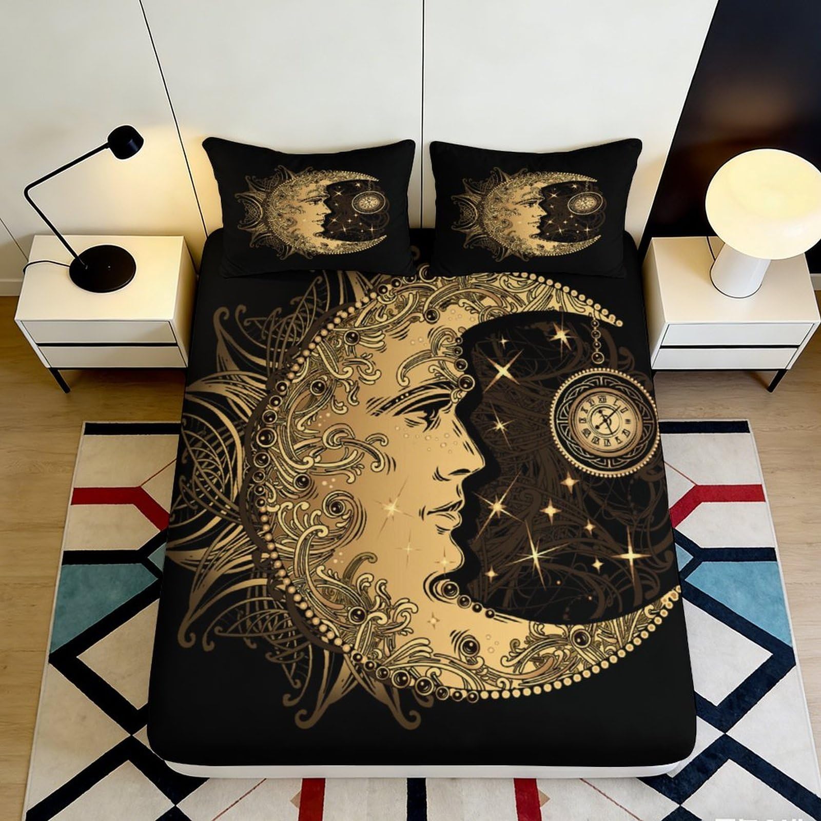 3D Printed Sun Moon Mandala Fitted Sheet Microfiber Soft Anti-Slip Celestial Clock Mattress Cover for Bedroom Home 160x200x25cm