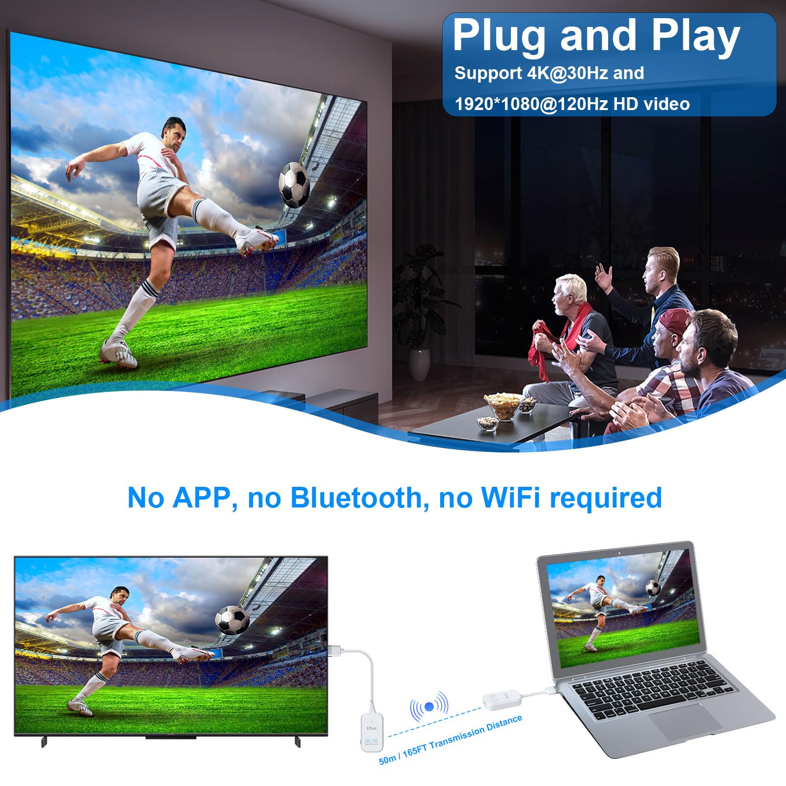 Bezprzewodowy nadajnik i odbiornik HDMI 4K, 1080P @ 120 Hz, HD radiowa transmisja wideo/audio z laptopa, komputera do monitora, TV, 165FT/50M WLAN