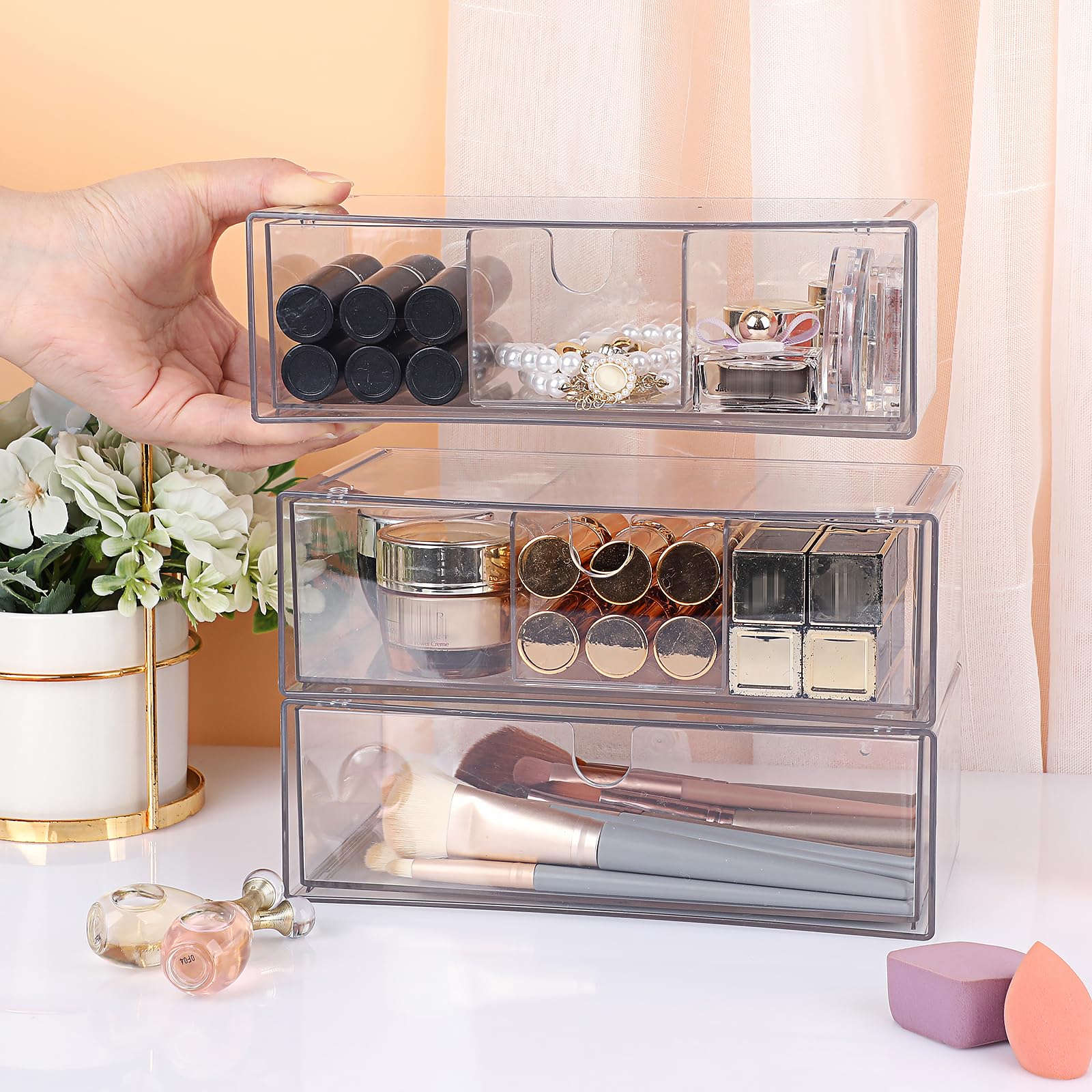 SUMTree Organisateur de tiroirs transparent plastique 3 tiroirs Boîte de rangement empilable 21x10x6cm
