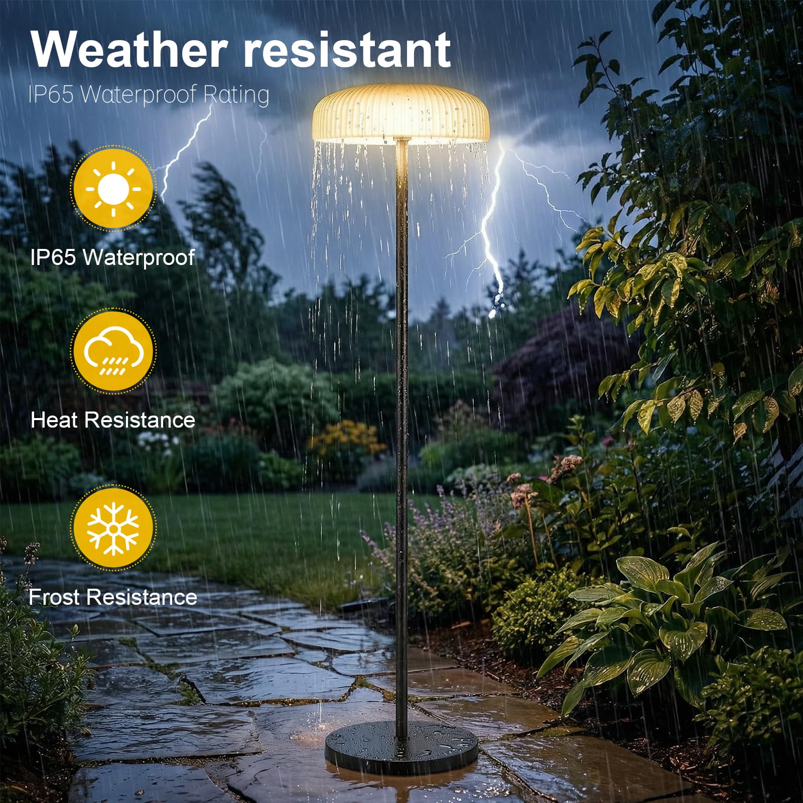 Lámpara Solar de Pie 150cm USB-C recargable, control por gestos, 10 brillos y 2 temperaturas (cálido/frío) IP65 resistente al agua – Jardín, terraza, camino