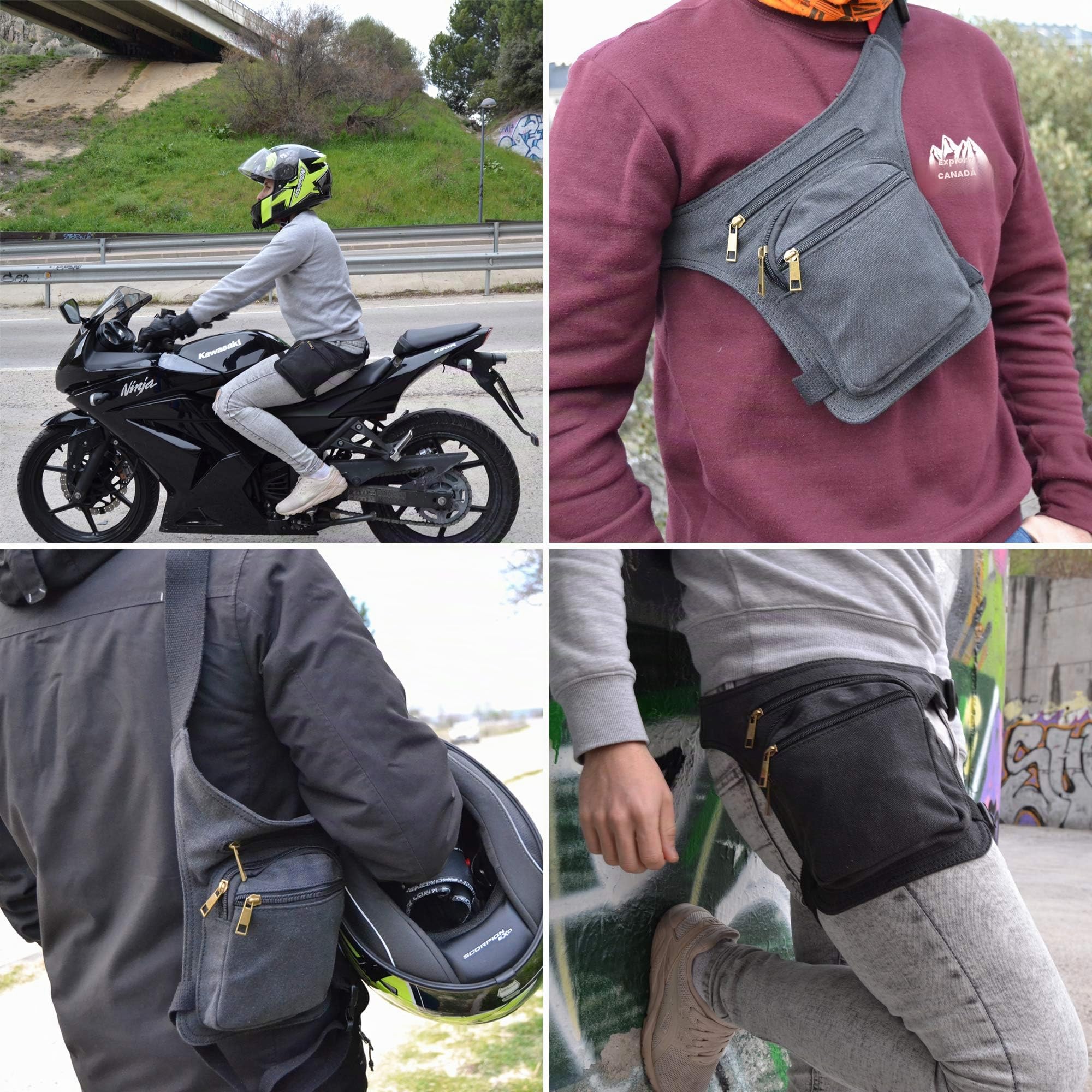 Riñonera Pierna Riñonera Lateral Pernera Moto Hippie con Cremallera, 3 Bolsillos y Doble Sujeción Unisex Negro Plomo