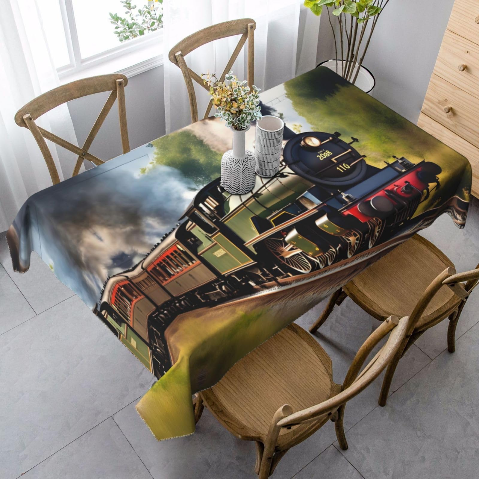 Sabfwf Black Steam Little Train Print Rectangular Tablecloth,Thanksgiving Table Cloth,Decorative Cloth Table Cover