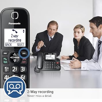 Panasonic Corded Phone/Cordless Phone with Answering Machine, Advanced Call Block and 2-Way Recording, 2 Handsets Expandable up to 6 Cordless Handsets, Landline Telephone - KX-TGF852B (Black)