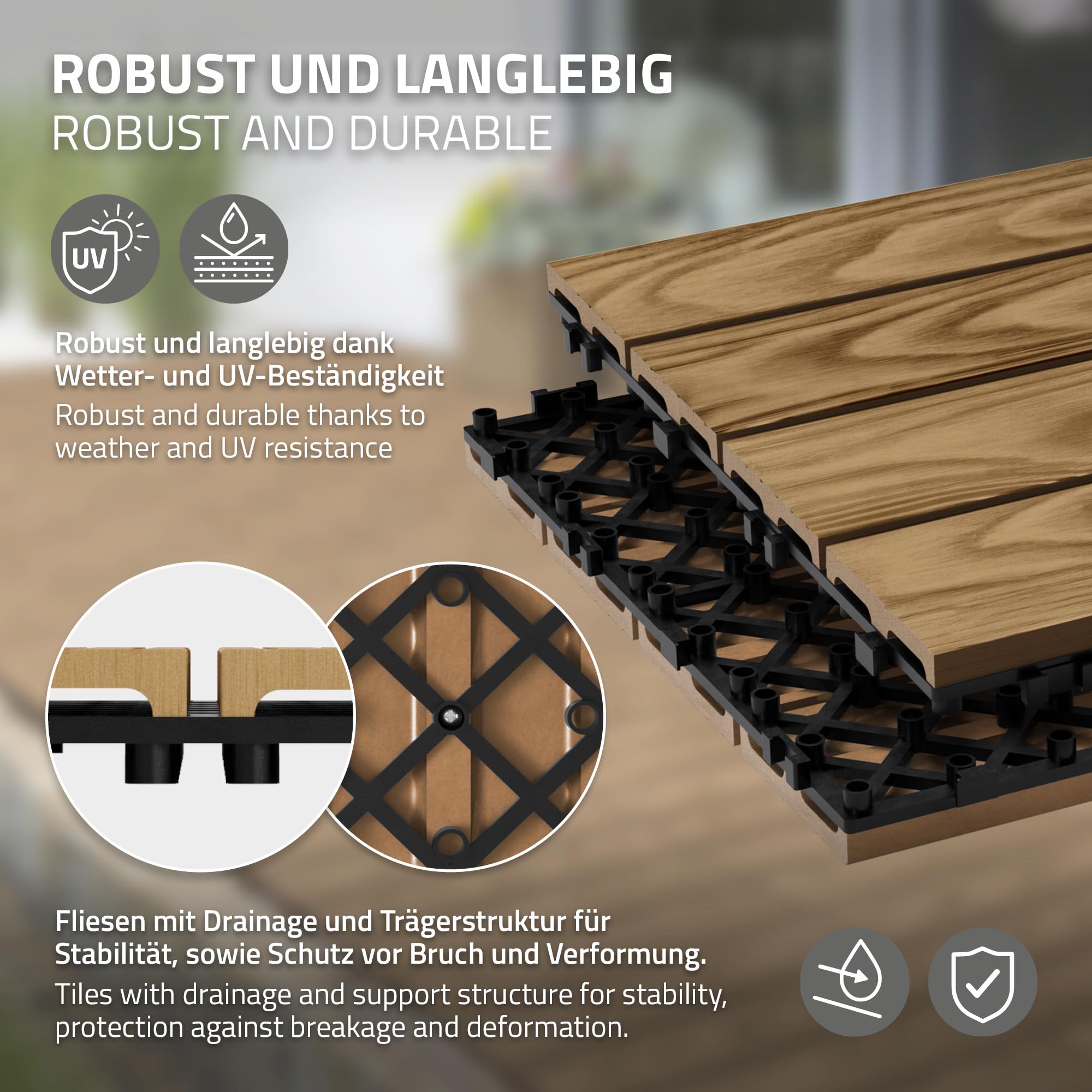 ECD Germany WPC Terrassenfliesen 30x30 cm/55 Stück=5m², Teak in Holzoptik, Bodenbelag mit Klicksystem und Drainage, Terrassendielen Balkonfliesen Holzfliesen, Klickfliesen für Terrasse, Garten, Balkon