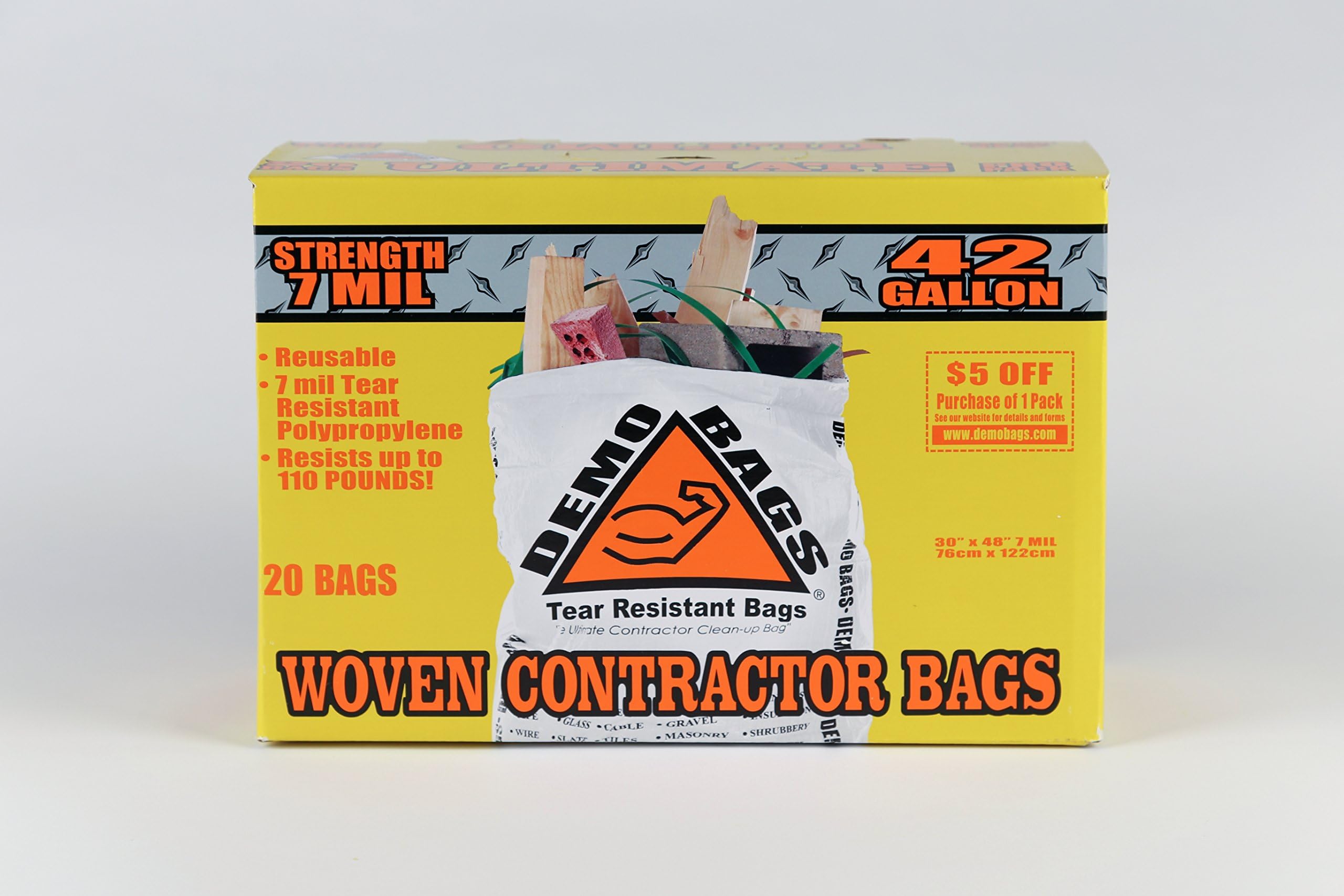 DemoBags Reusable 7 MIL 42-gallon Contractor Trash Bags, 20-count box