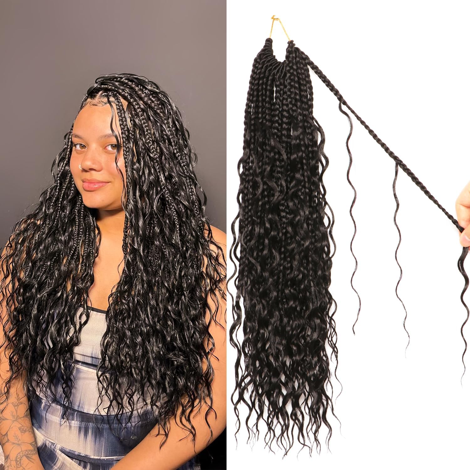 Goddess Box Braids Crochet hair -18 Inch 9 Packs Water Wave Boho Crochet Braids for Black Women (1B#, 18 Inch (Pack of 9))