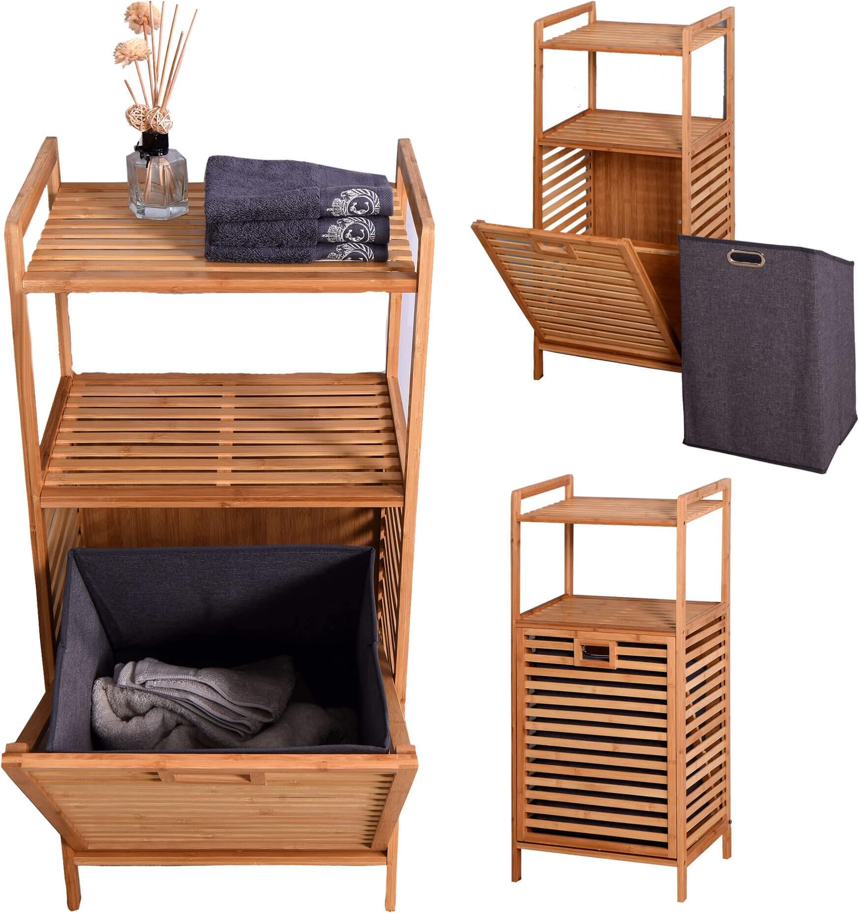 Lestar Bathroom Hamper Laundry Basket Bamboo Storage Organizer (Type 3-w/2 tier Shelf)