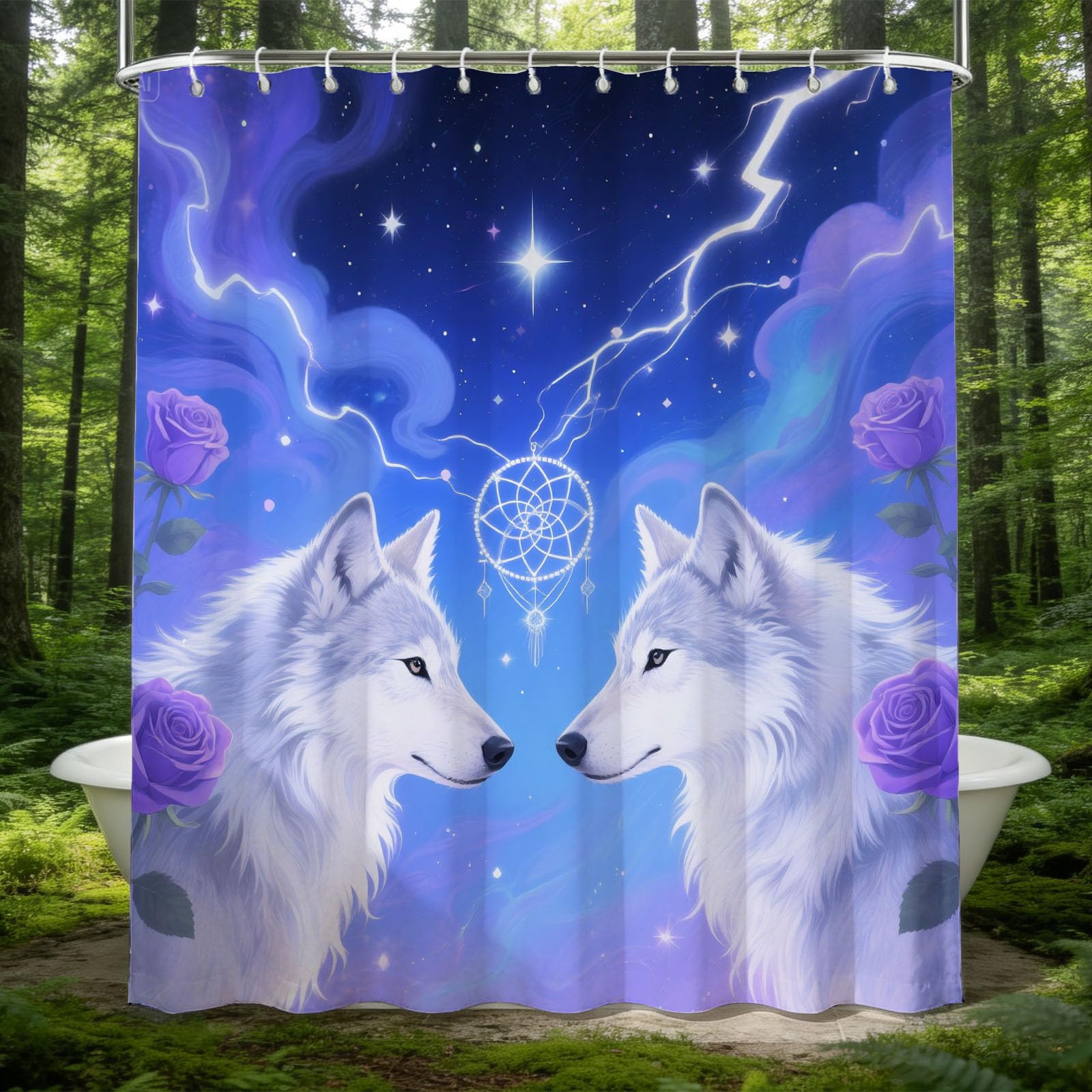 Hongduo 3D Dreamy Wolf Shower Curtain for Stalls Bathtubs Wolf Rose Bathroom Decor Shower Curtain Set Polyester Fabric Waterproof 180x200cm/71X79 Inch with Hooks