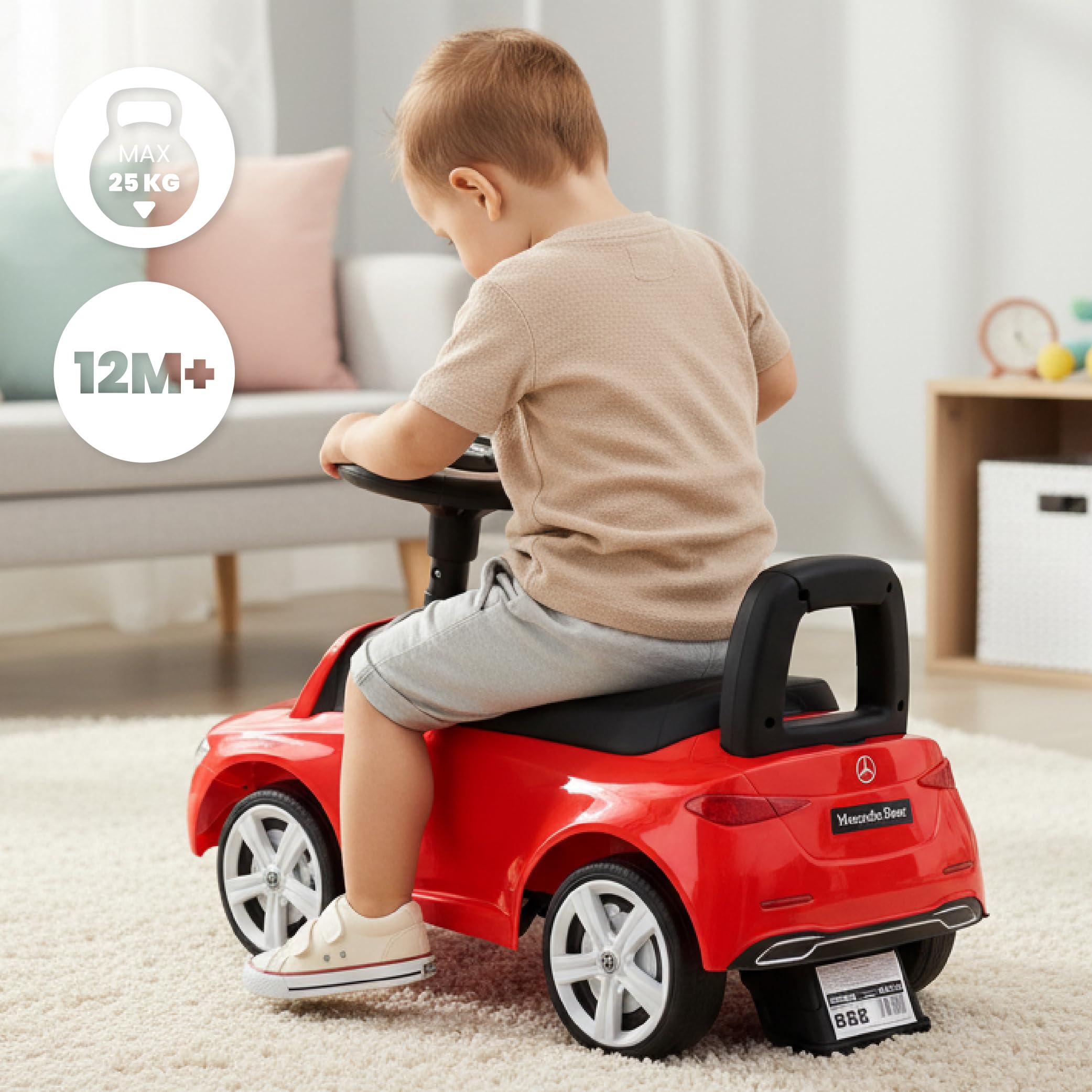 sun baby Macchinina Cavalcabile per Bambini, Macchina a spinta da 12 mesi, volante audio, sedile con schienale, vano portaoggetti sotto il sedile, protezione antiribaltamento (Rosso)