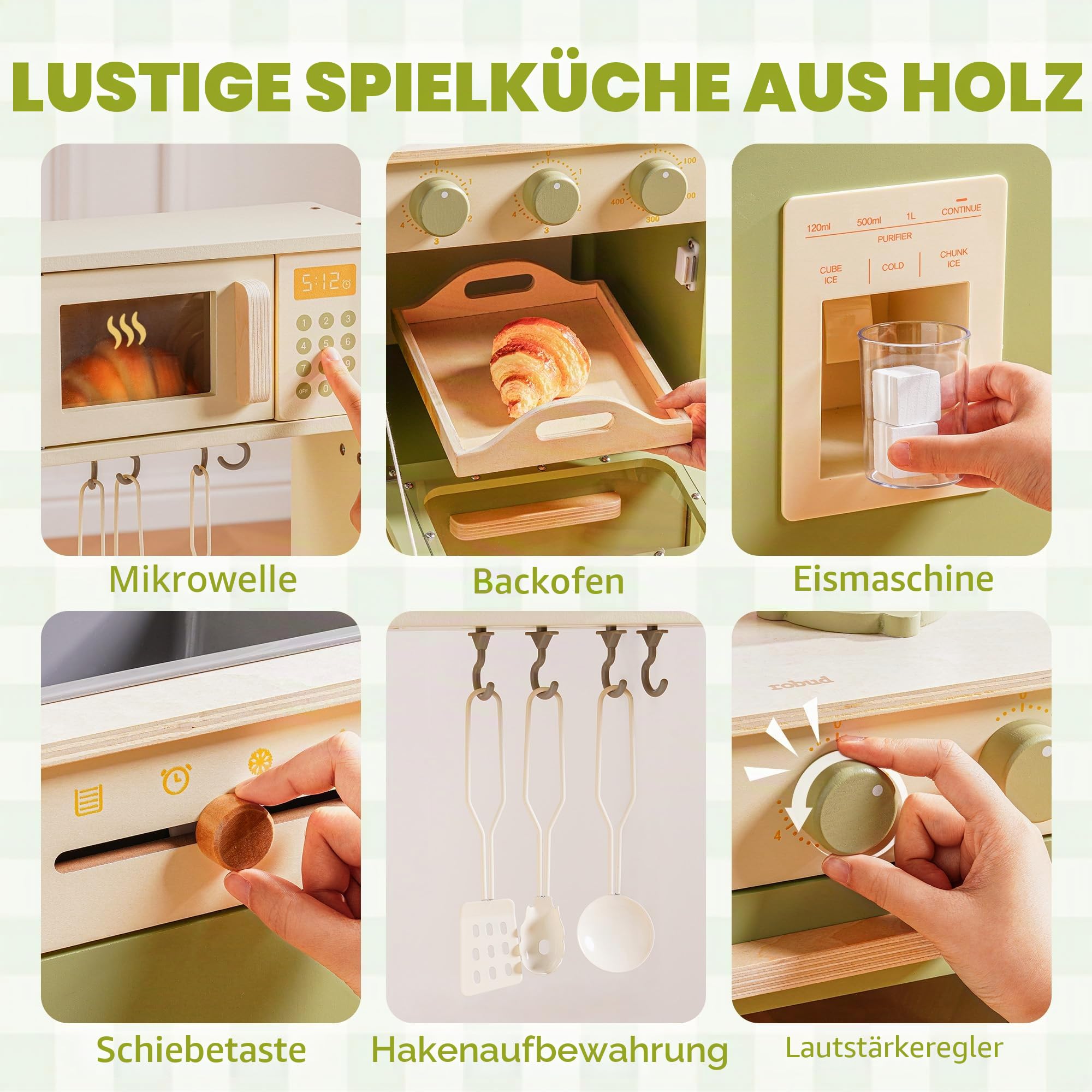 ROBUD Kinderküche aus Holz – Spielküche mit Kühlschrank, Eiswürfelspender, Backofen & Zubehör, Rollenspielküche für Kinder