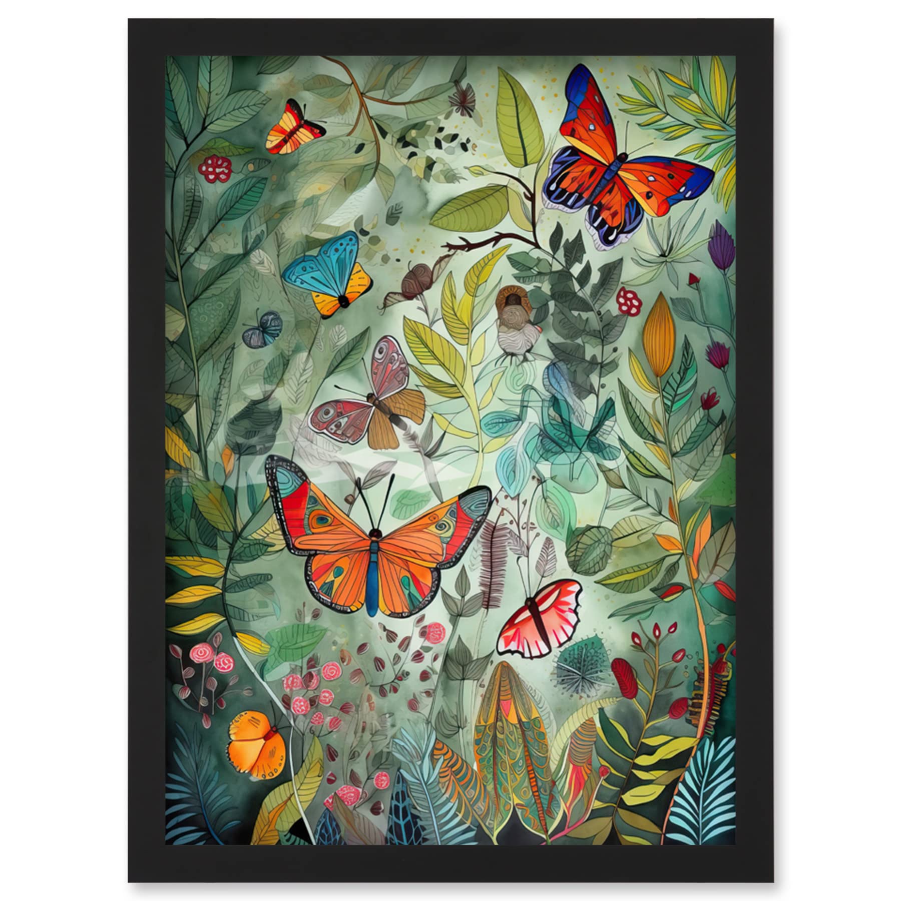 Artery8 Butterflies in a Spring Field Modern Folk Art Artwork Framed Wall Art Print A4
