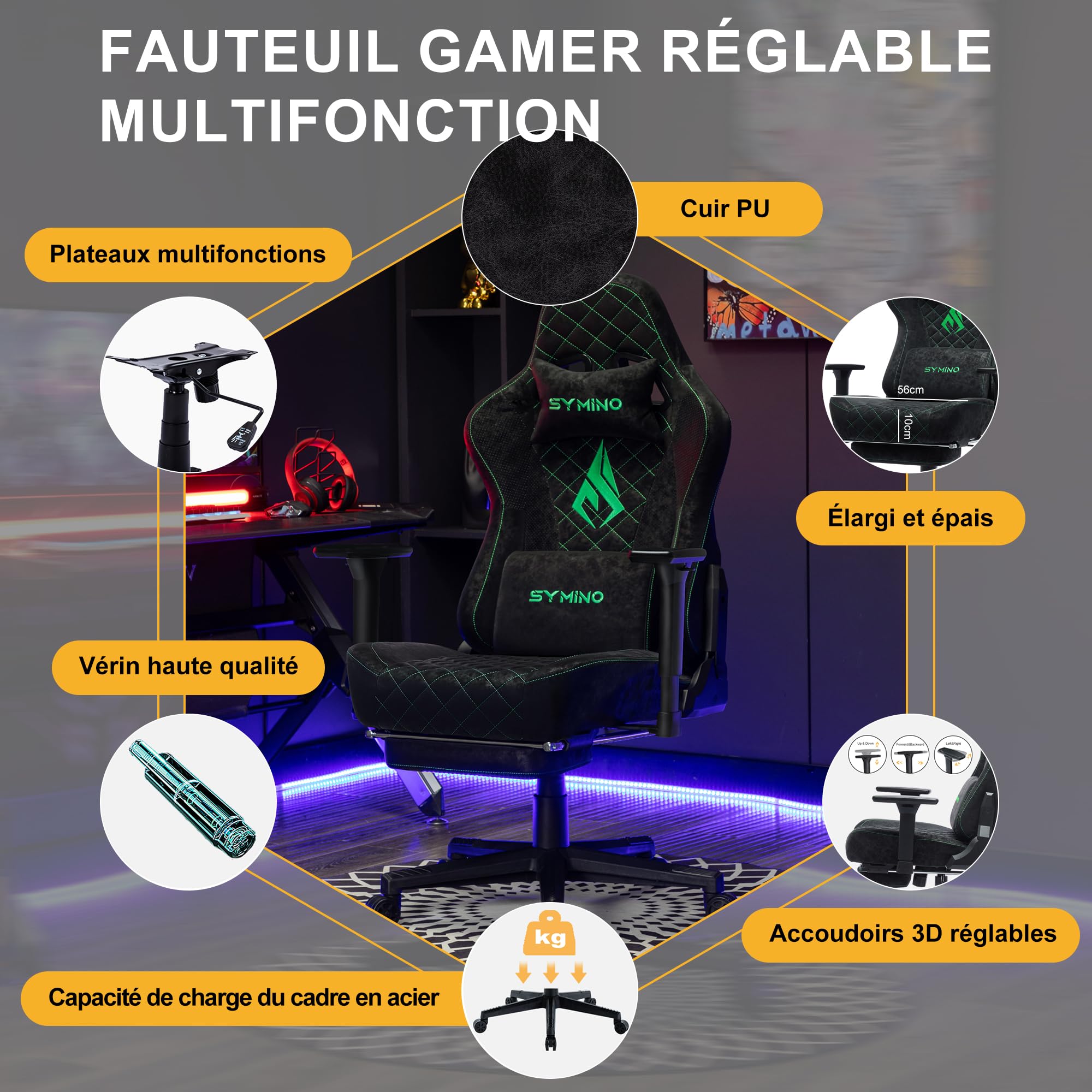 Symino Chaise Gamer Ergonomique - Fauteuil de Bureau avec Repose-Pieds Télescopique, Support Lombaire et Hauteur Réglable - 200kg (Simili Cuir Black)