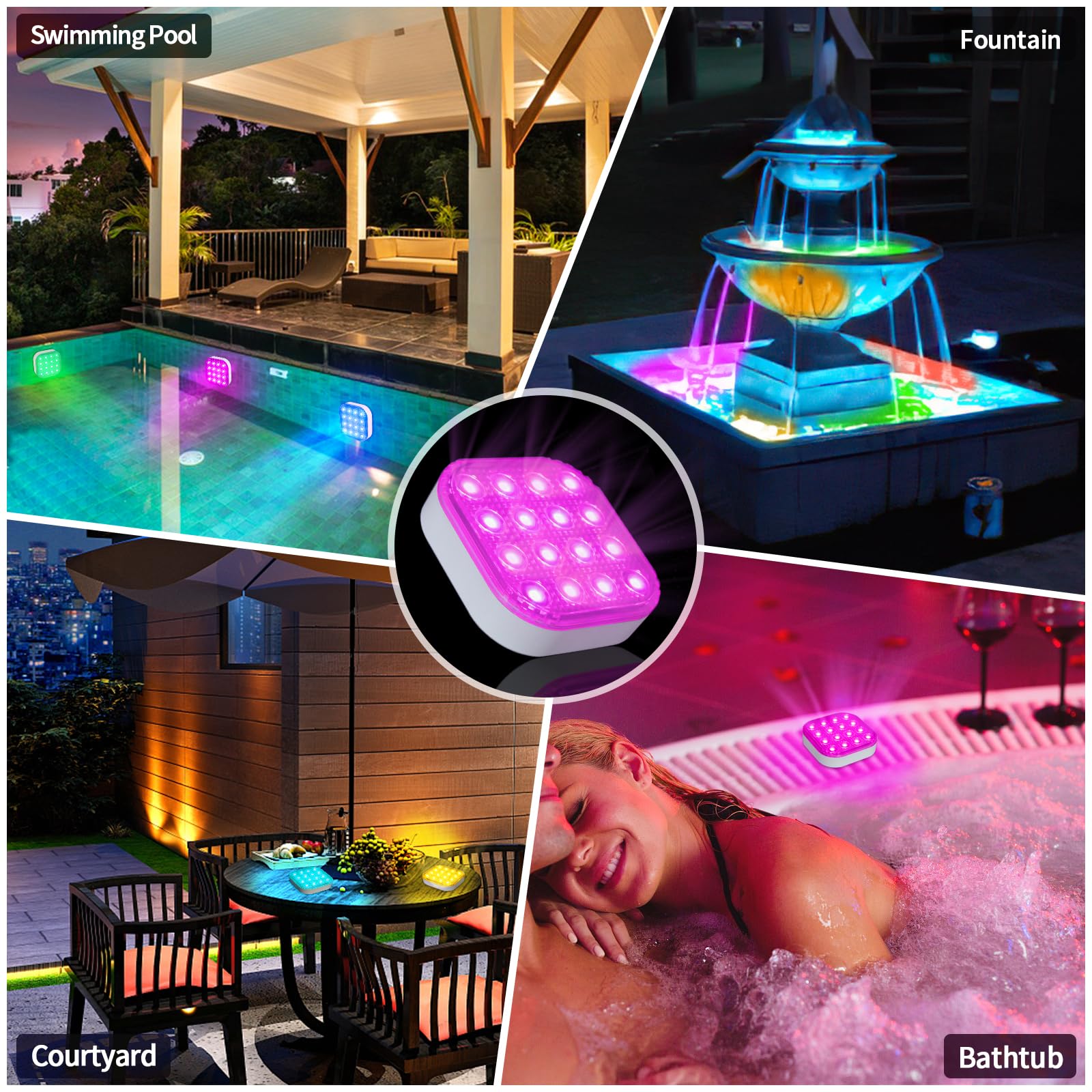 Tauchbare LED-Pool-Lichter, 16 Farbwechsel-Pool-Lichter, wiederaufladbar, wasserdicht, magnetisch, schwimmende Unterwasserlampe für Pool, 4 Stück