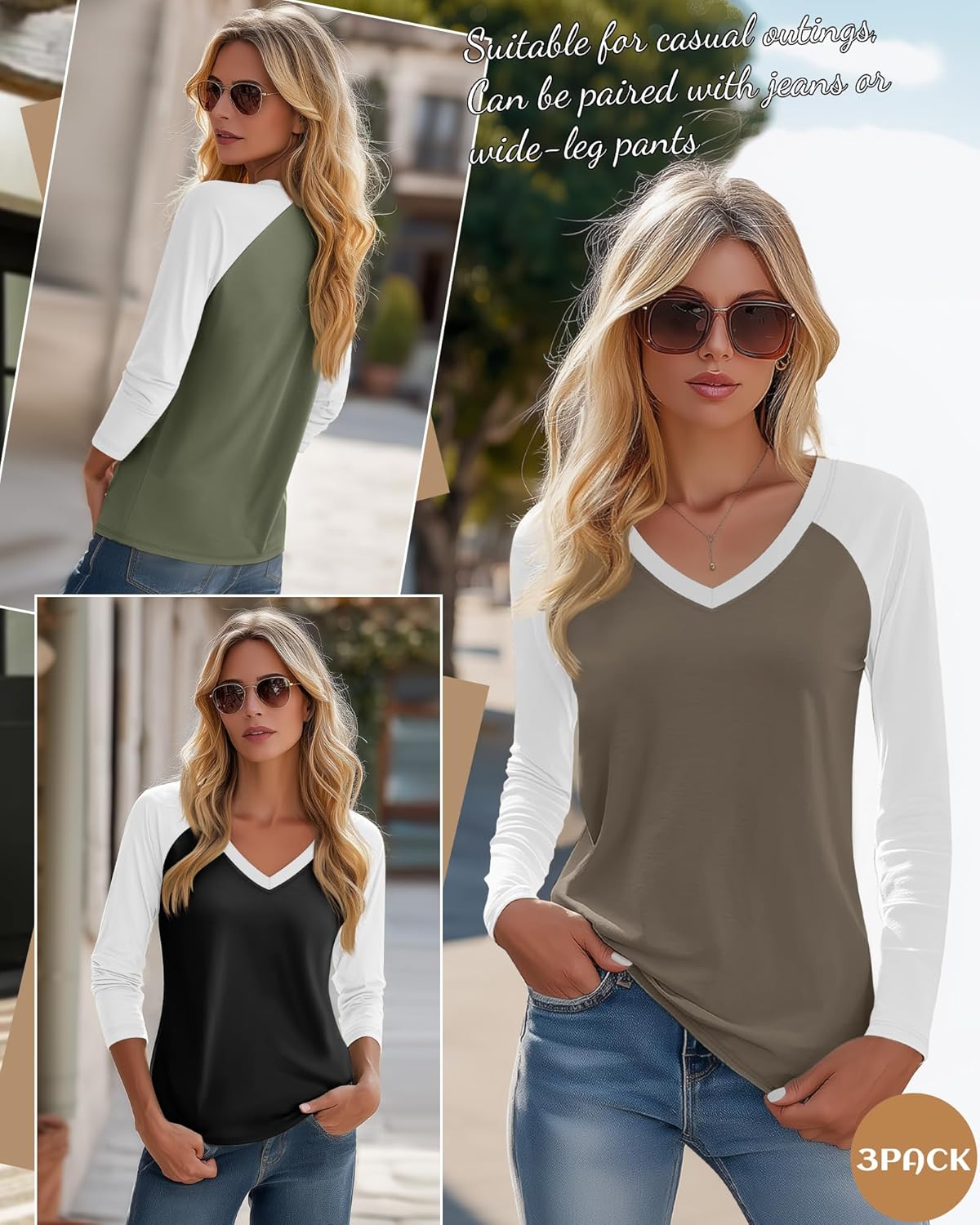 3 Pack Women's V Neck Long Sleeve Shirts, Raglan Color Block Tees Baseball Style Loose Casual Tops - Image 4