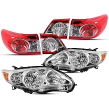 6pcs-kit Headlights and Tail Lights Combo Assembly for 2011 2012 2013 Toyota Corolla CE LE S L Replacement Headlamps Rear outer and trunk lid lamps Chrome Housing Clear& Red Lens Brake LightsLH&RH