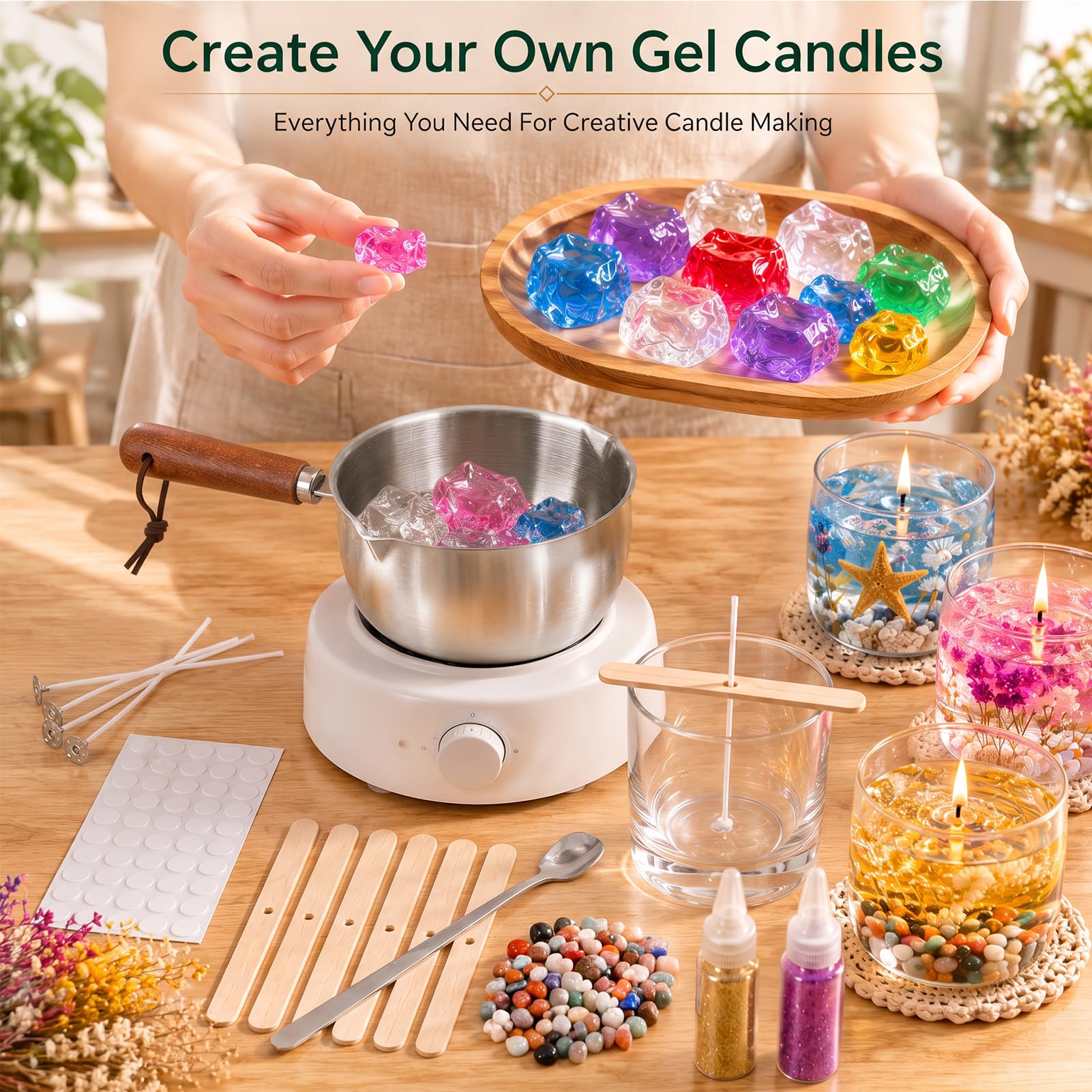 Kit de fabrication de bougies en gelée,9pcs Gel Wax -7 Colors Candle Making Kit，Includes Wax Wicks Wick Stickers，Wooden Wick Holders and More，DIY Starter Candle Making Kit 2.8LB/45oz