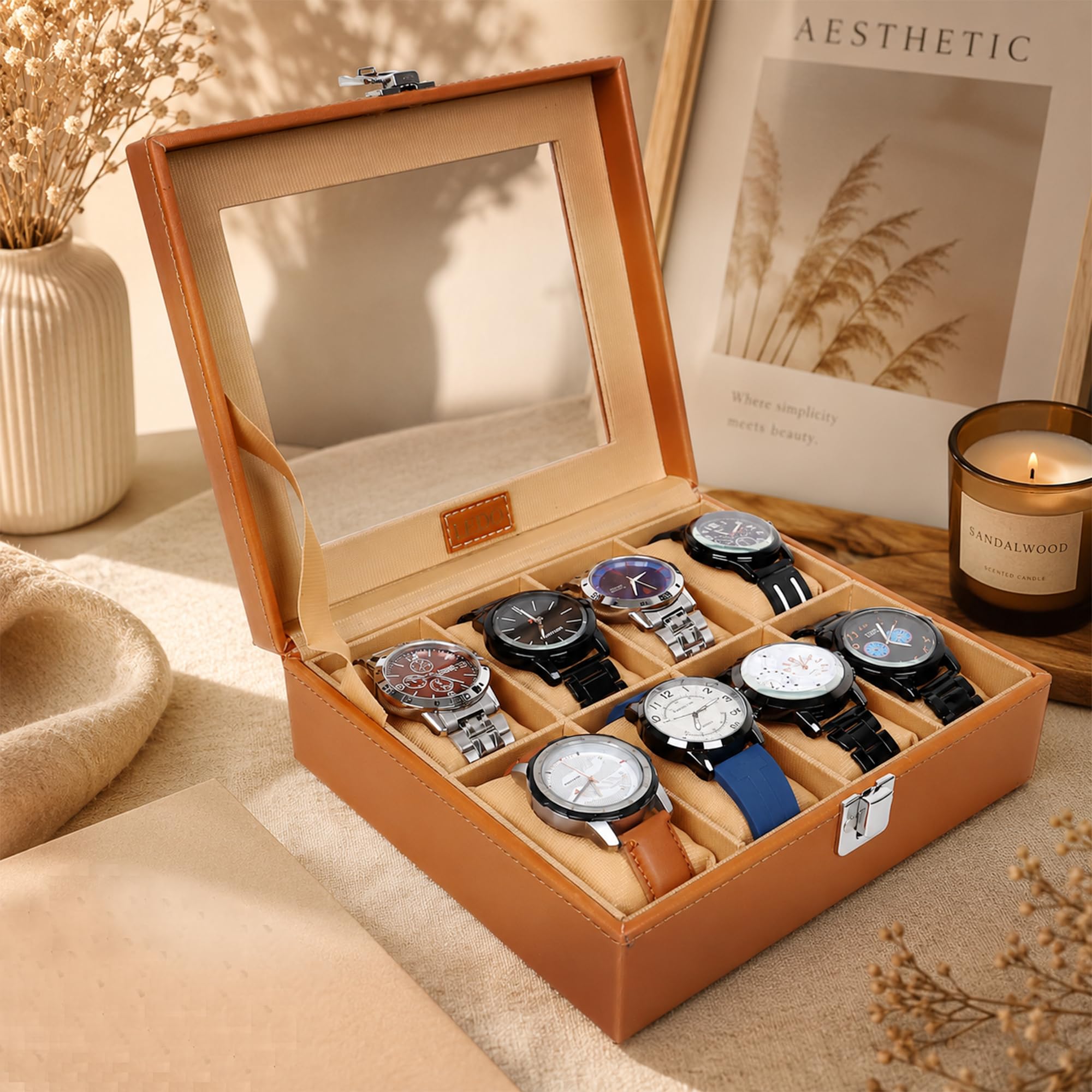 LEDO Watch Box Holder Organizer Case in 8 slots of Watches with Transparent Look Tan & Cream color Velvet