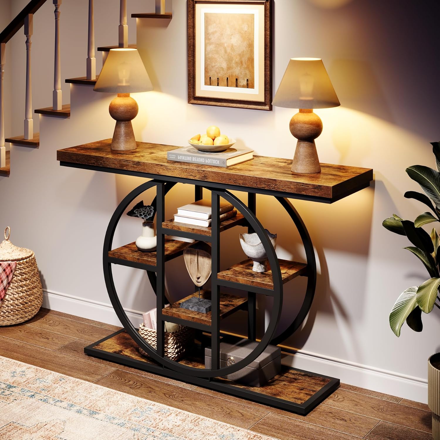 Celaform 41" Console Table for Entryway, 4-Tier Industrial Narrow Wood Sofa Accent Tables with Circle Storage Shelves for Living Room, Hallway, Foyer (Rustic Brown)
