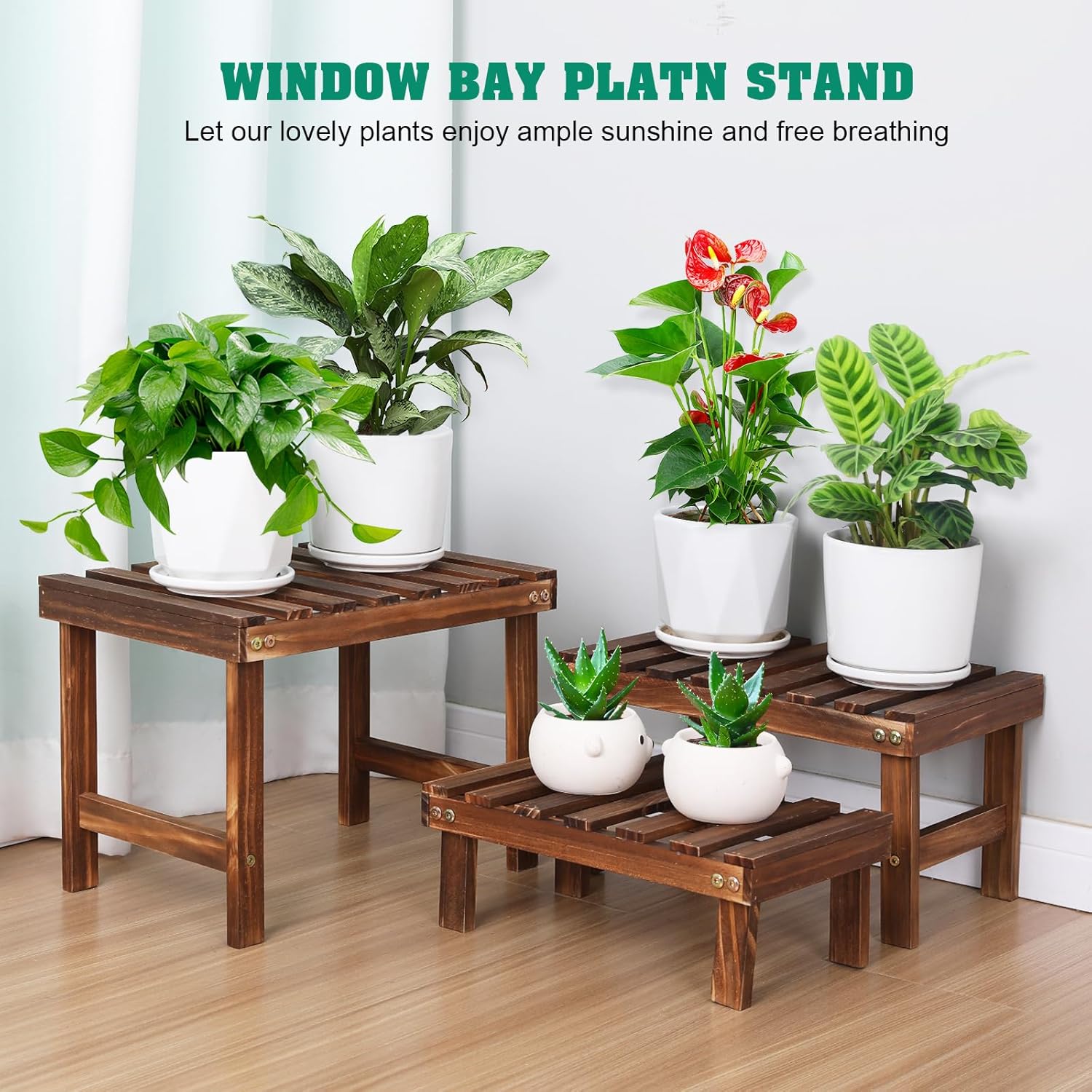 3 Tiered Small Plant Stands Shelf Indoor Outdoor,Wood Flower Pot Stand Holders Rack,Freestanding Corner Ladder Shelves for Plants Succulent Cactus,on Patio,Desktop,Window