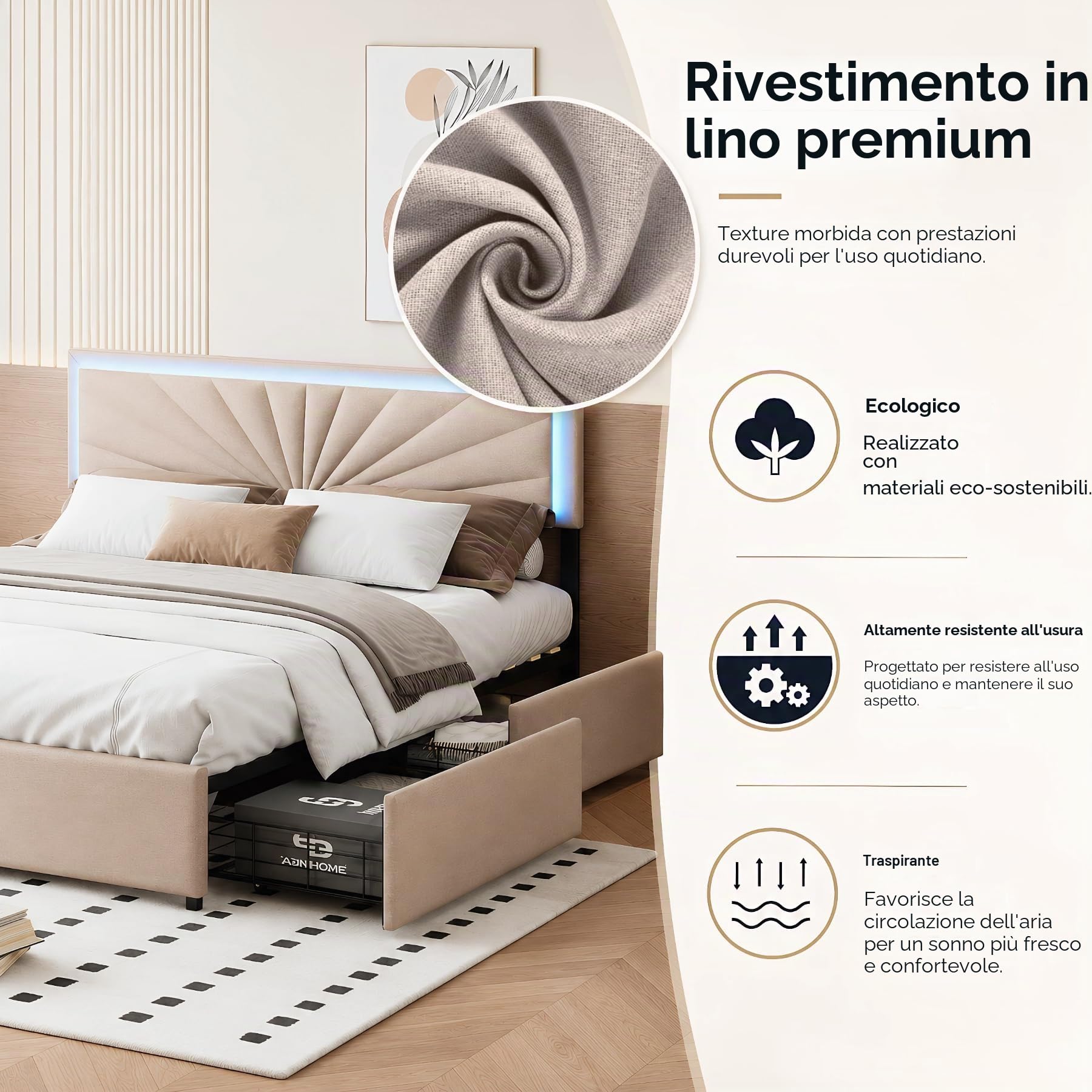 BRILVERDE Letto imbottito 160x200 con Contenitore, letto matrimoniale con LED, con 4 cassetti, letto funzionale con testiera, struttura letto con rete a doghe, Lino (Beige, 160 x 200 cm)
