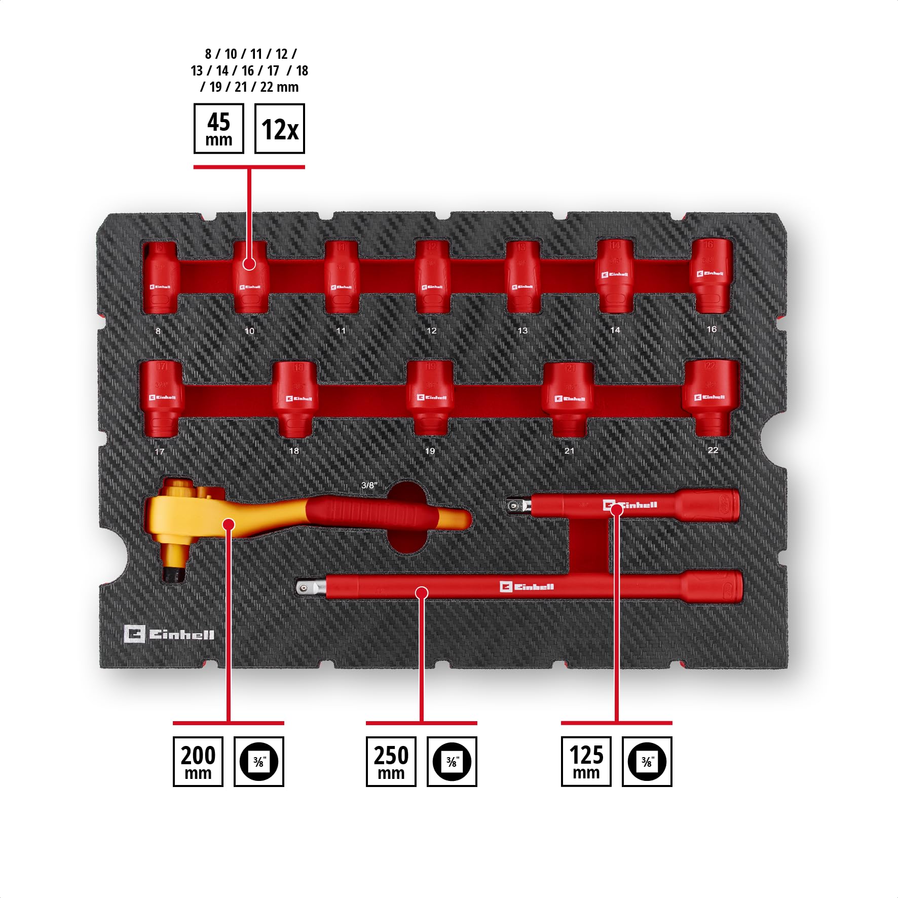 Original Einhell E-Case coffret à outils 24 pièces outils électricien (testé IEC 60900, set de pinces, set de tournevis, jeu de douilles, cliquet réversible, testeur de phase, coffret système)