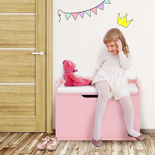Miniatura 6 de Costzon Baúl de madera para juguetes para niños, caja ancha de almacenamiento para juguetes con asiento de banco, caja de almacenamiento de juguetes