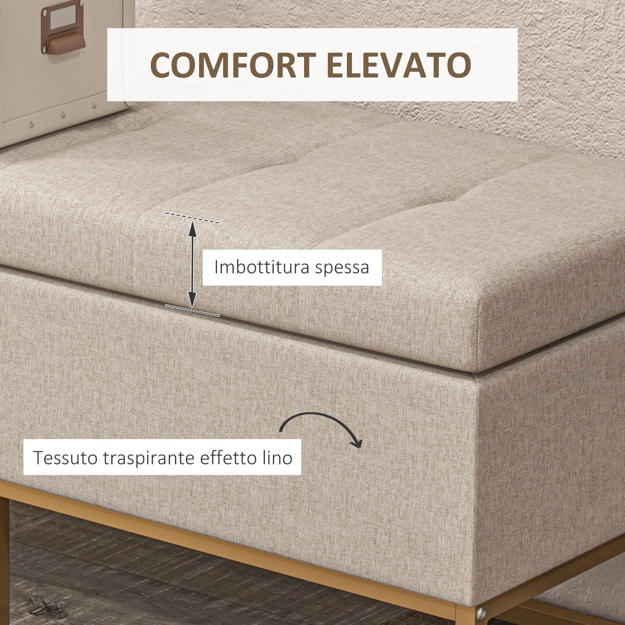 HOMCOM Baúl de Almacenaje para Dormitorio Puff de Almacenaje Tapizado de Lino Sintético con Tapa Abatible y Patas de Acero para Salón 110x44x48 cm Beige