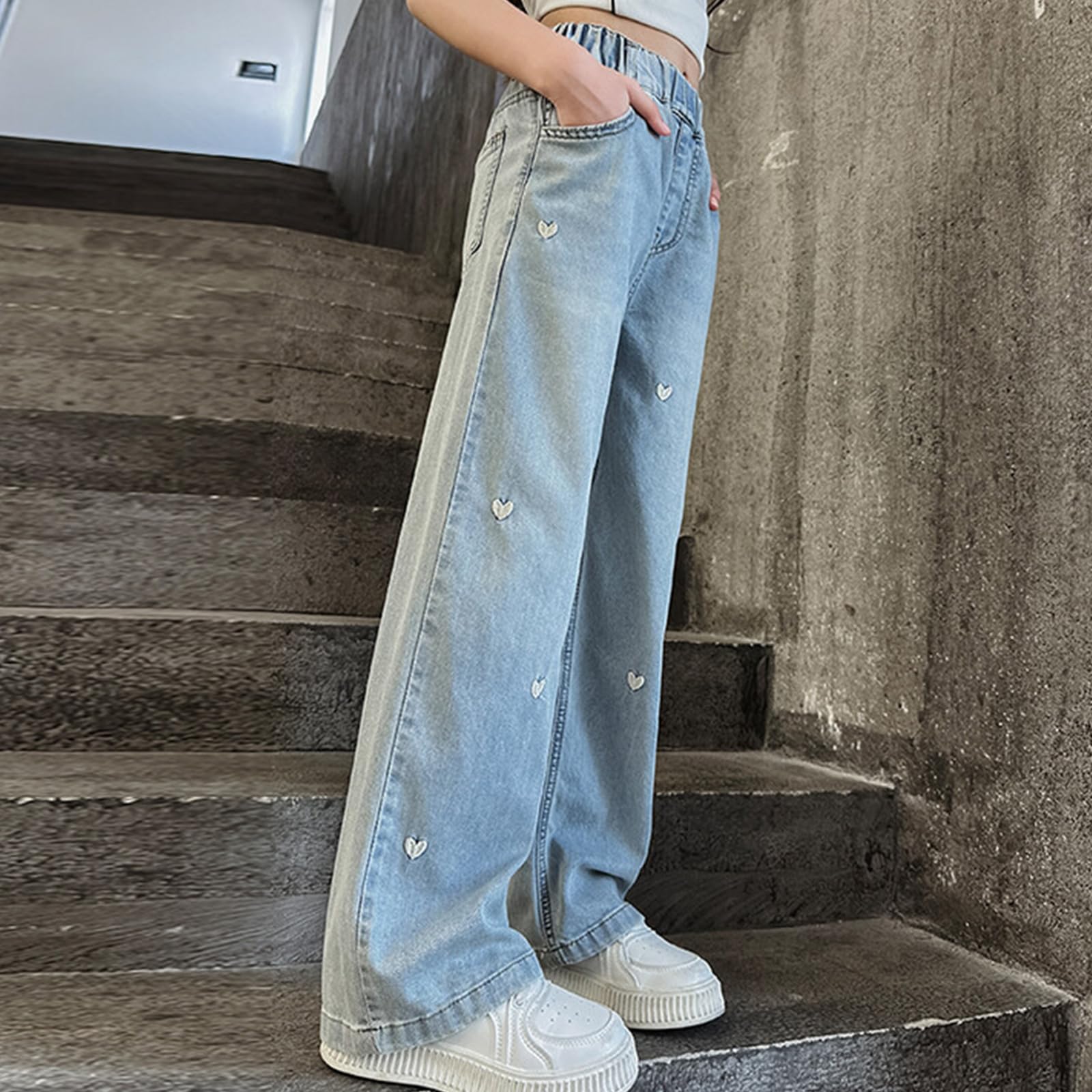Pantalones vaqueros de pierna ancha para niñas, cintura elástica, pantalones de moda para primavera y otoño de 5 a 12 años, cómodos pantalones de mezclilla casuales