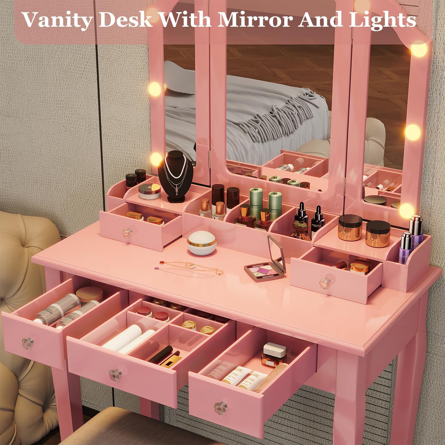 Pink Makeup Vanity for Girls Vanity Desk with Mirror and Lights Girls Vanity Desk Vanity with Lights Make Up Vanity Set tocadores para maquillarse con Luces y cajones Vanity Table Set