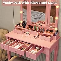 Vista 5 de Tocador de maquillaje rosa para niñas, escritorio con espejo y luces, tocador para niñas con luces, juego de tocador de maquillaje tocadores