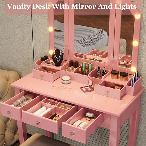 Miniatura 5 de Tocador de maquillaje rosa para niñas, escritorio con espejo y luces, tocador para niñas con luces, juego de tocador de maquillaje tocadores para