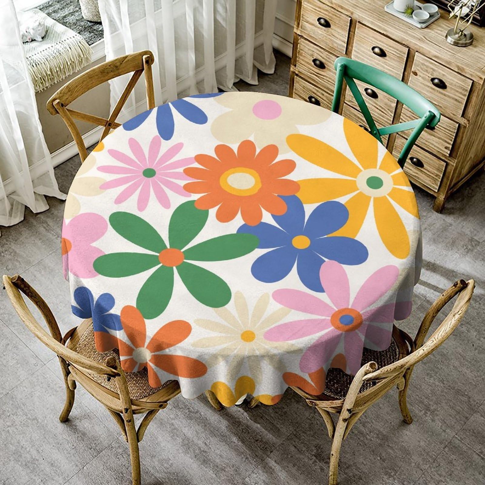 70s Retro Flower Tablecloth, 60s Vintage Groovy Daisy Flowers Boho Hippie Bright Colorful Floral Print Table Cover for Party Picnic Dining Room