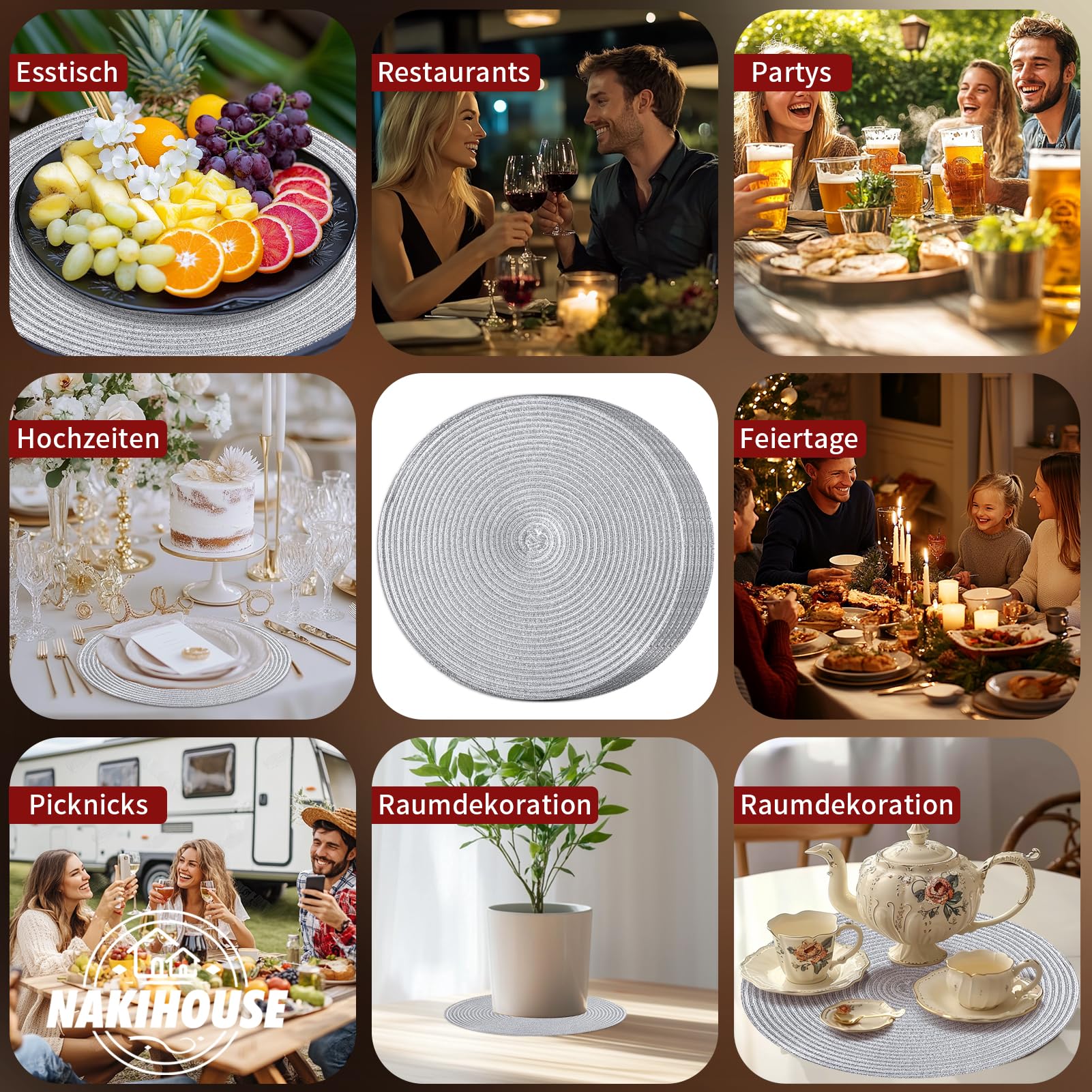 Tischsets Abwaschbar Rund Geflochten Silber Tischset 12er Set | 38cm Platzsets Abwischbar, Rutschfest, Hitzebeständig Schmutzabweisend Platzdeckchen für Hochzeit, Restaurant, Küche