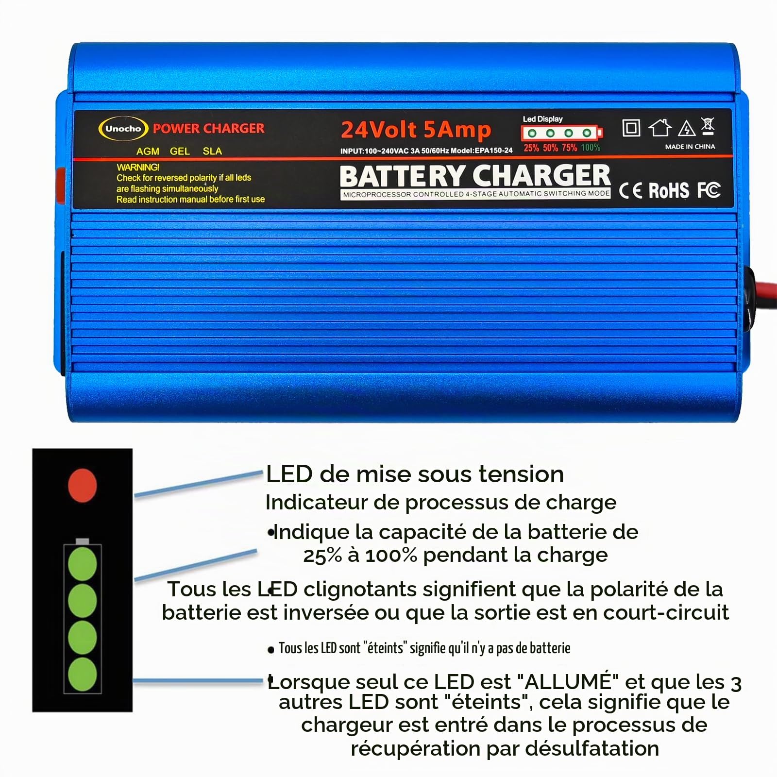 Unocho Chargeur Batterie 24V 5A Chargeur Mainteneur Plomb-Acide 4 Étapes avec XLR 3 Broches et LED pour Fauteuil Roulant Scooter Mobilité, AGM Gel SLA VRLA Wet
