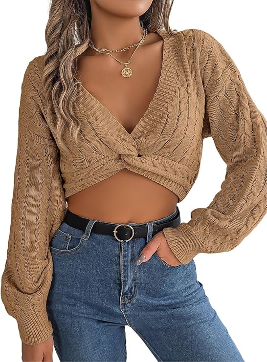 Women's Spring & Fall Solid Textured Twist V Neck Crop