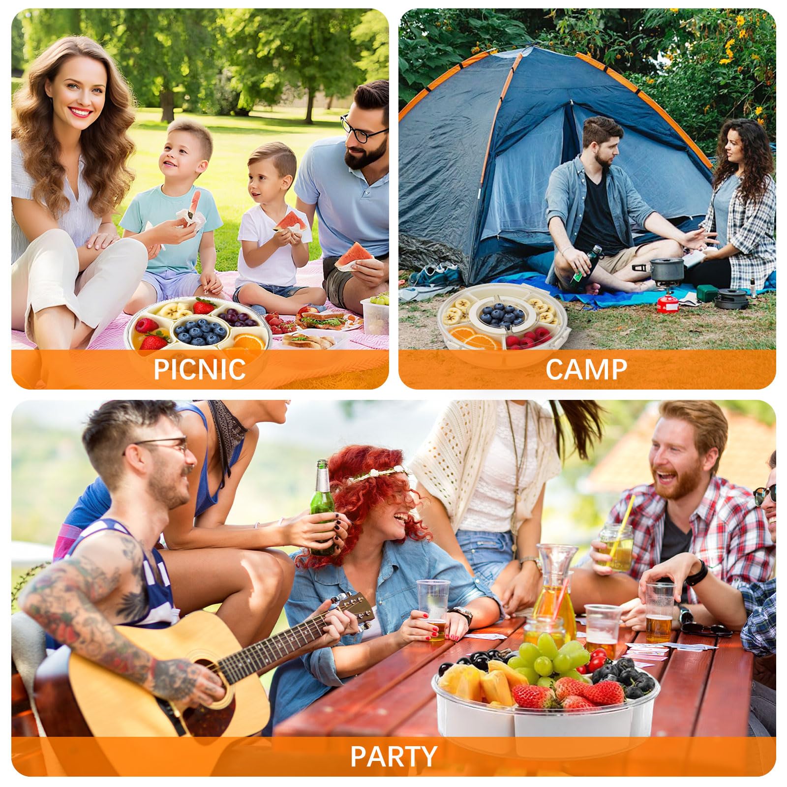Snackbox mit Fächern, PP-Material Rund Spinner Snackbox Kinder mit 6 Fächern, Herausnehmbare Snackteller mit Deckel und Griff, Picknick Box für SüßIgkeiten Obst Gemüse -Round
